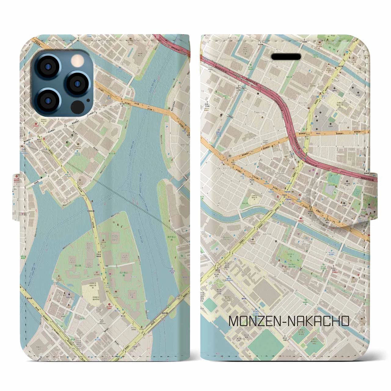 【門前仲町(東京都)】地図柄iPhoneケース(手帳タイプ)ナチュラル・iPhone 12 / 12 Pro 用