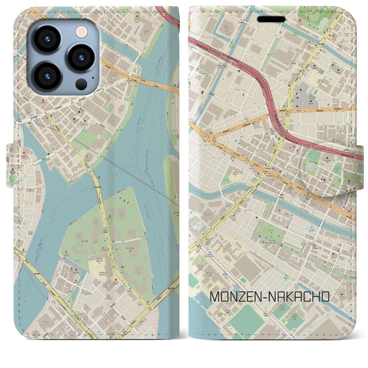 【門前仲町(東京都)】地図柄iPhoneケース(手帳タイプ)ナチュラル・iPhone 13 Pro Max 用