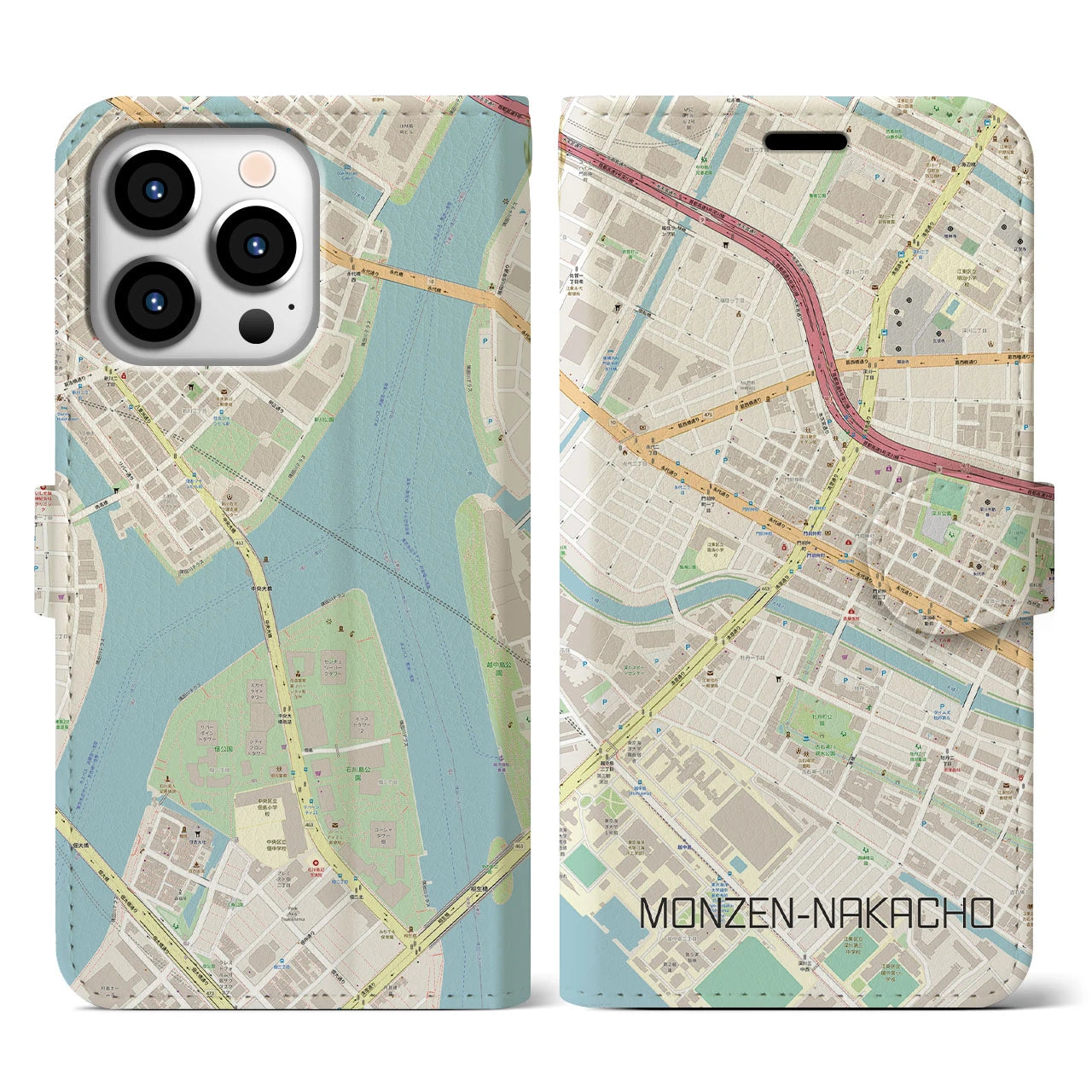 【門前仲町(東京都)】地図柄iPhoneケース(手帳タイプ)ナチュラル・iPhone 13 Pro 用
