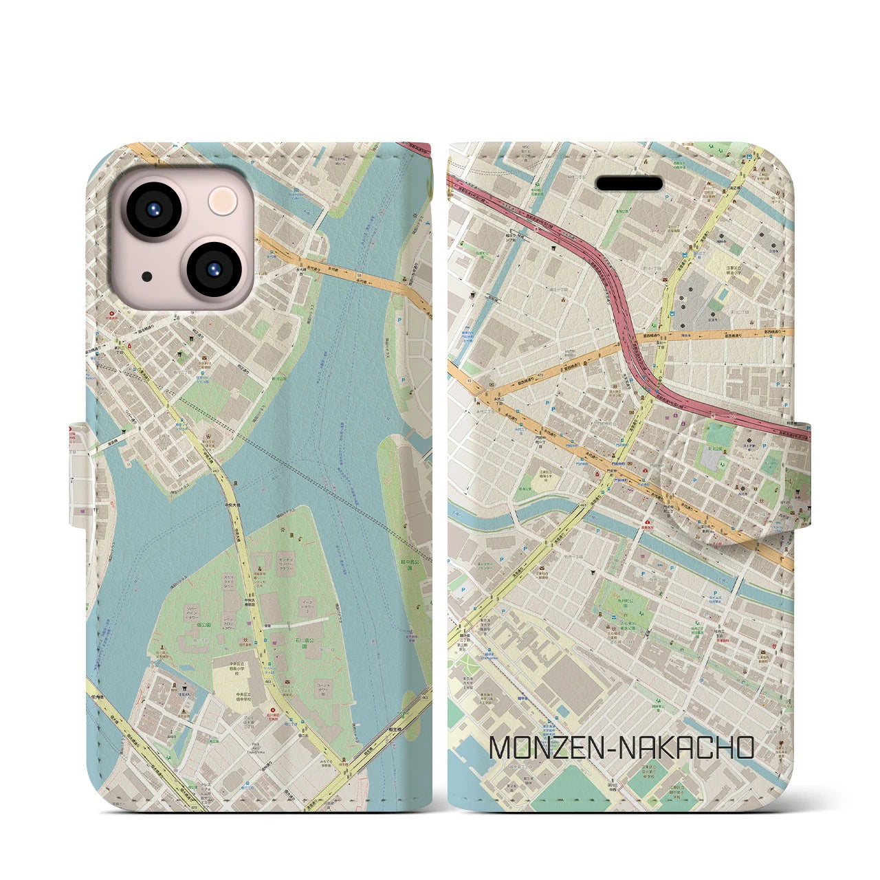 【門前仲町(東京都)】地図柄iPhoneケース(手帳タイプ)ナチュラル・iPhone 13 mini 用