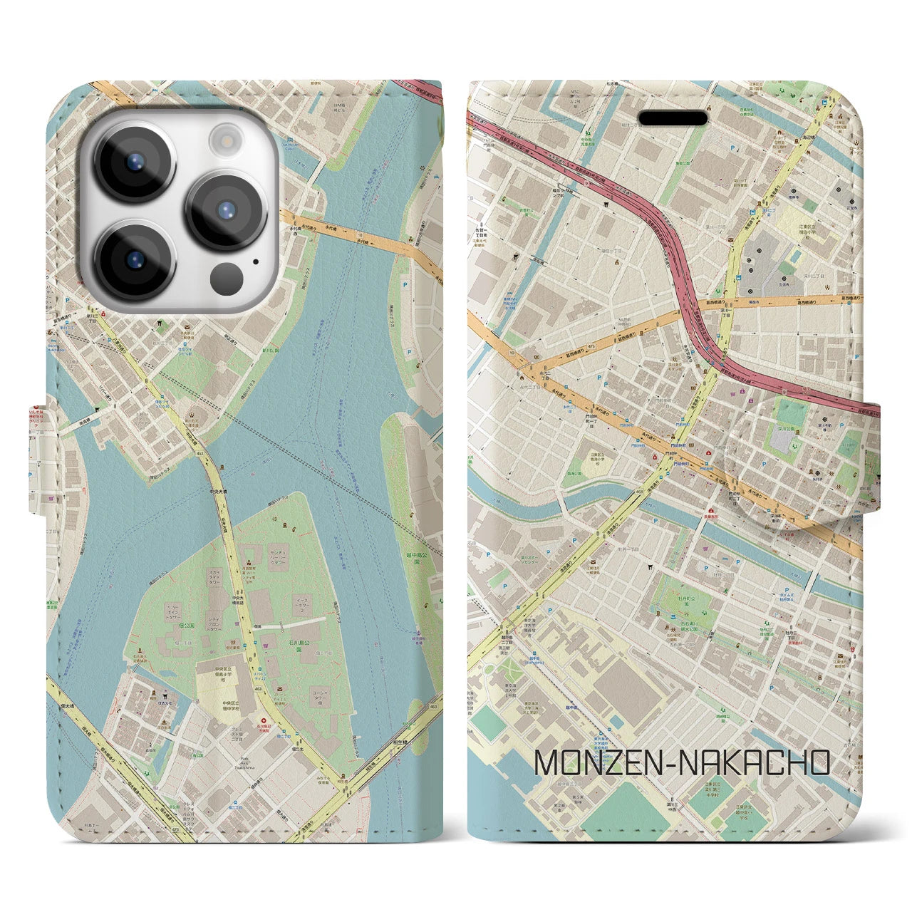 【門前仲町(東京都)】地図柄iPhoneケース(手帳タイプ)ナチュラル・iPhone 14 Pro 用
