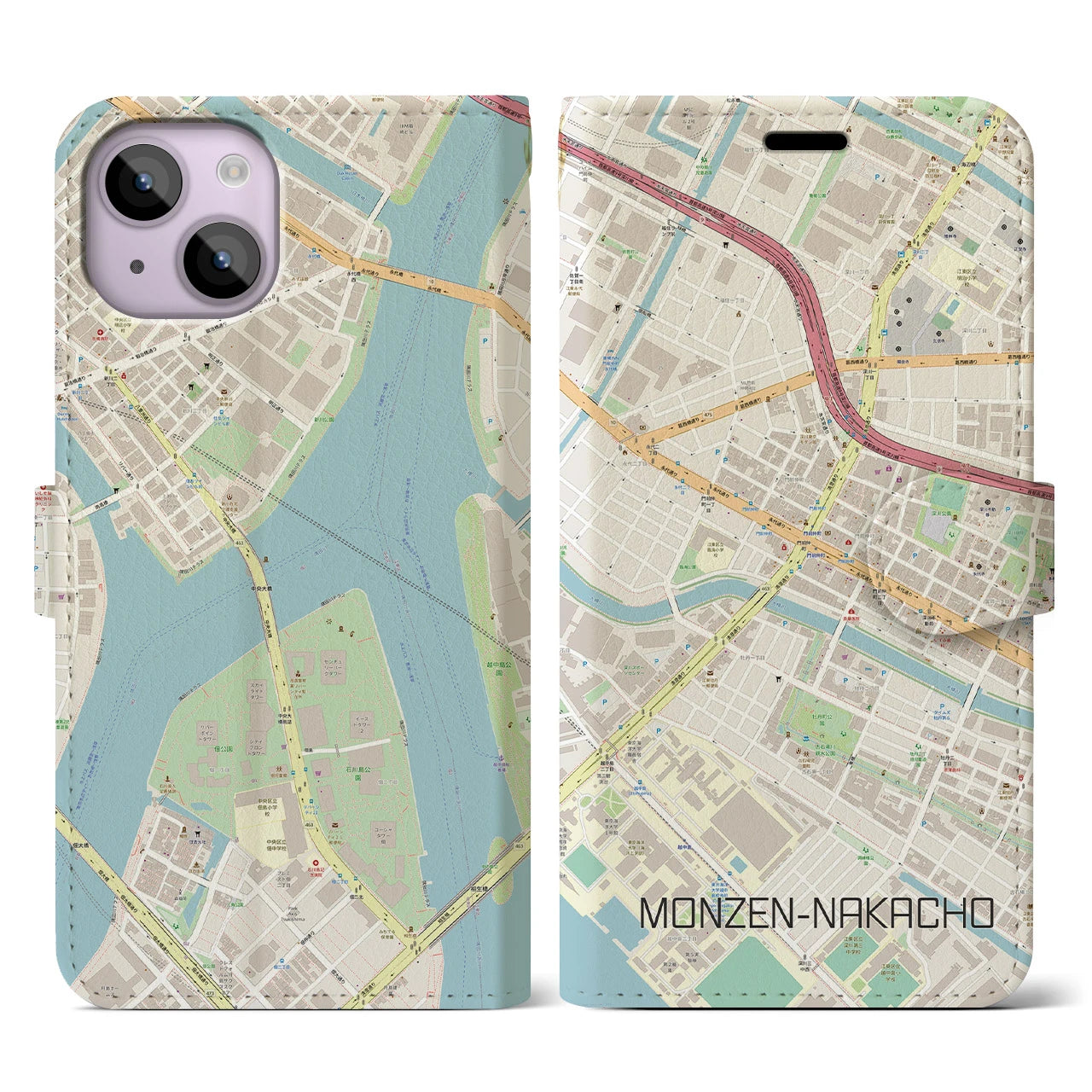 【門前仲町(東京都)】地図柄iPhoneケース(手帳タイプ)ナチュラル・iPhone 14 用
