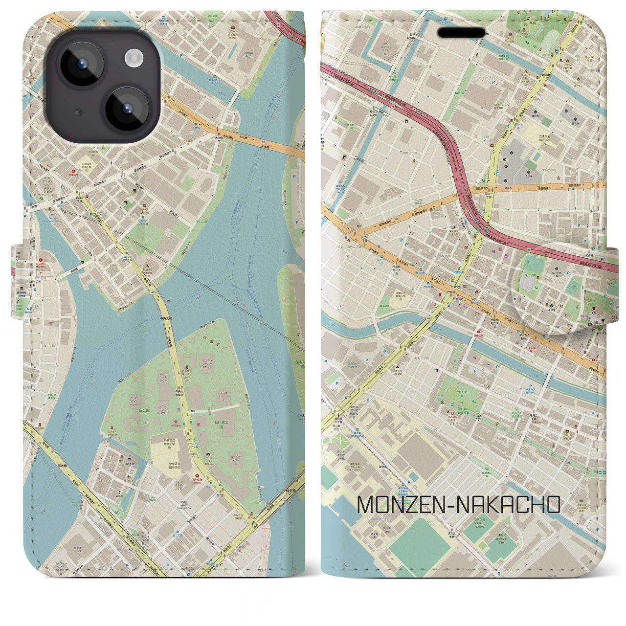 【門前仲町(東京都)】地図柄iPhoneケース(手帳タイプ)ナチュラル・iPhone 14 Plus 用