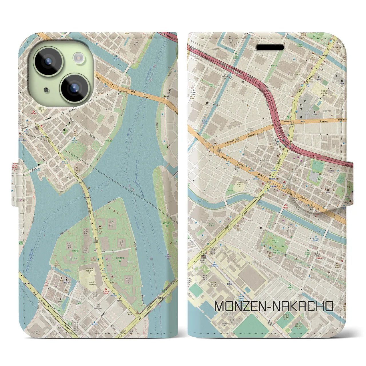 【門前仲町(東京都)】地図柄iPhoneケース(手帳タイプ)ナチュラル・iPhone 15 用