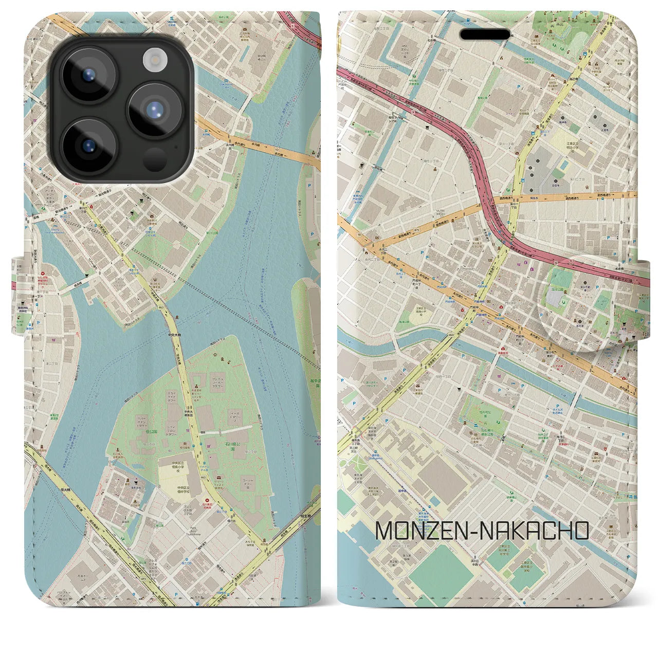 【門前仲町(東京都)】地図柄iPhoneケース(手帳タイプ)ナチュラル・iPhone 15 Pro Max 用