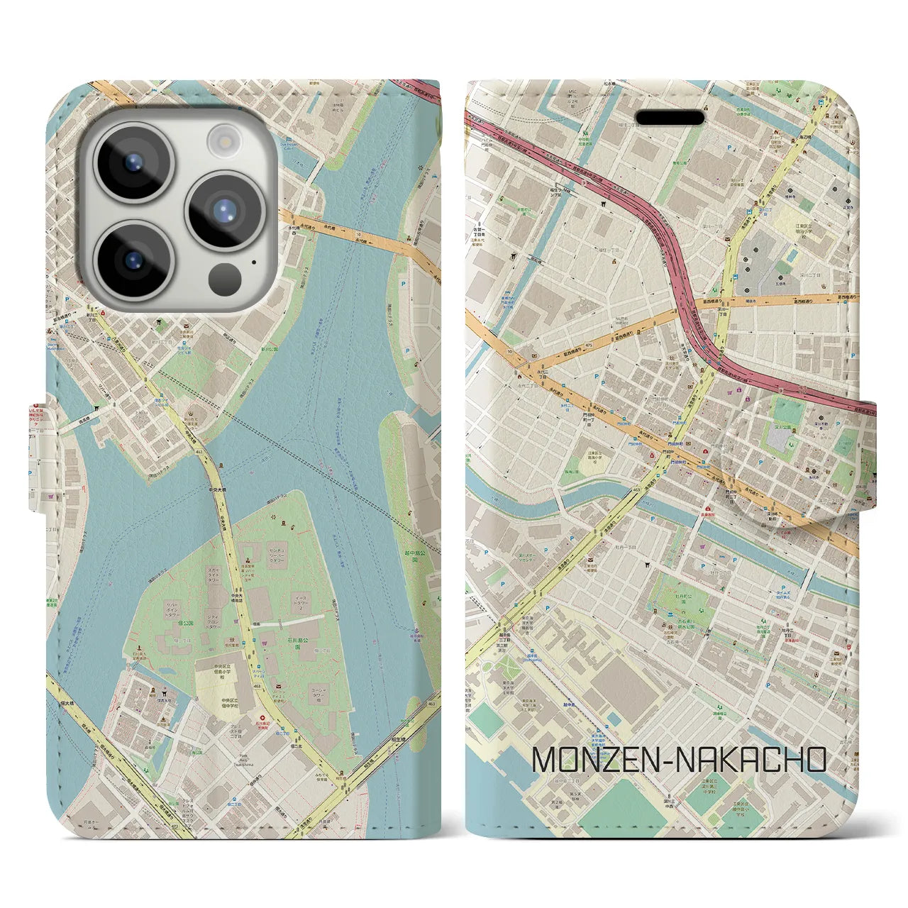 【門前仲町(東京都)】地図柄iPhoneケース(手帳タイプ)ナチュラル・iPhone 15 Pro 用