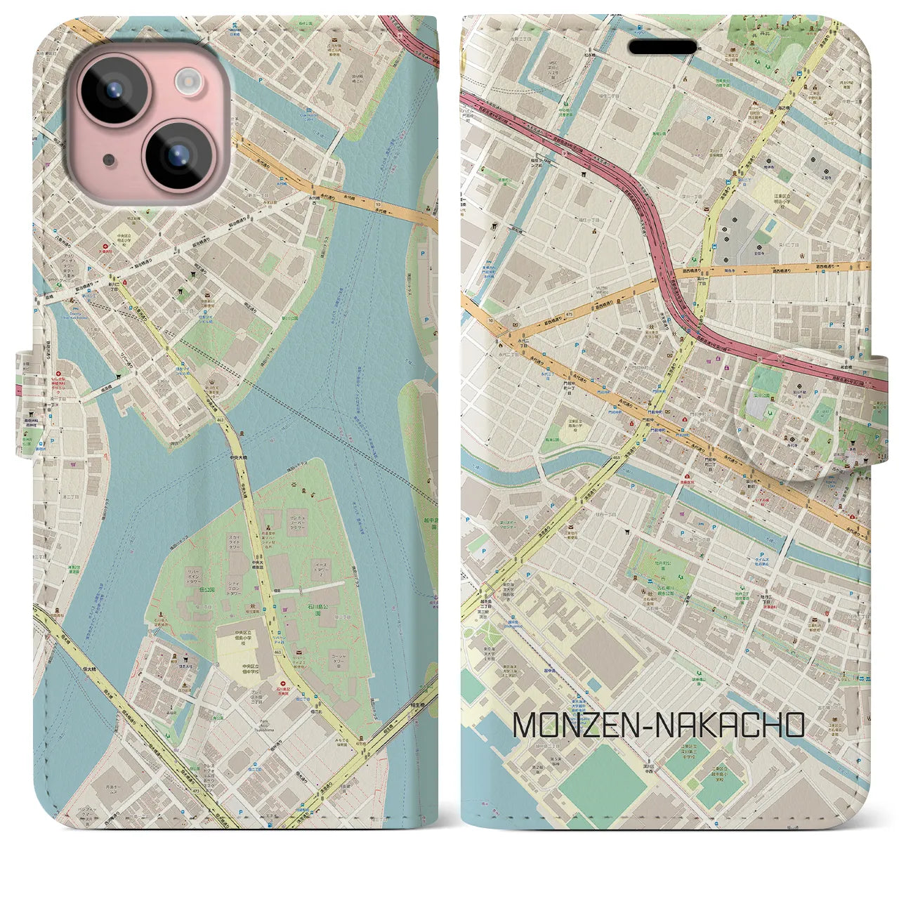 【門前仲町(東京都)】地図柄iPhoneケース(手帳タイプ)ナチュラル・iPhone 15 Plus 用