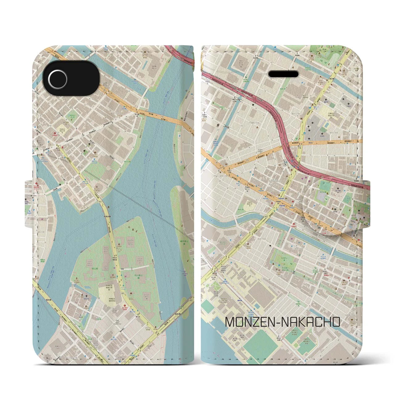 【門前仲町(東京都)】地図柄iPhoneケース(手帳タイプ)ナチュラル・iPhone SE(第3 / 第2世代) / 8 / 7 / 6s / 6 用