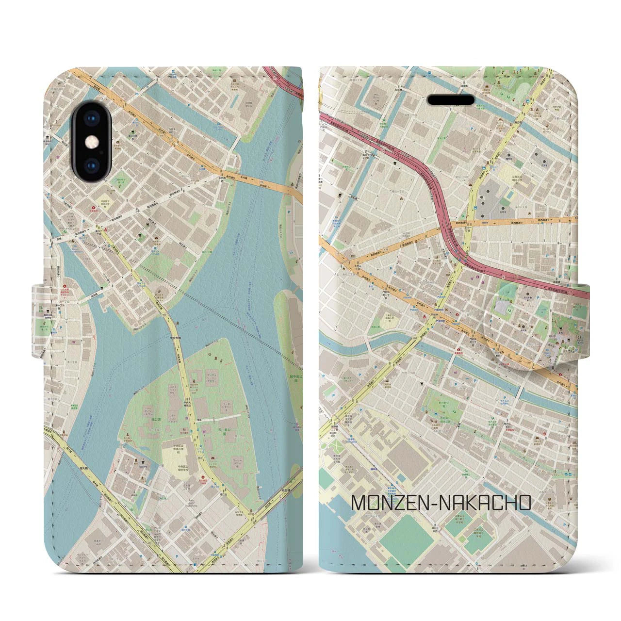 【門前仲町(東京都)】地図柄iPhoneケース(手帳タイプ)ナチュラル・iPhone XS / X 用