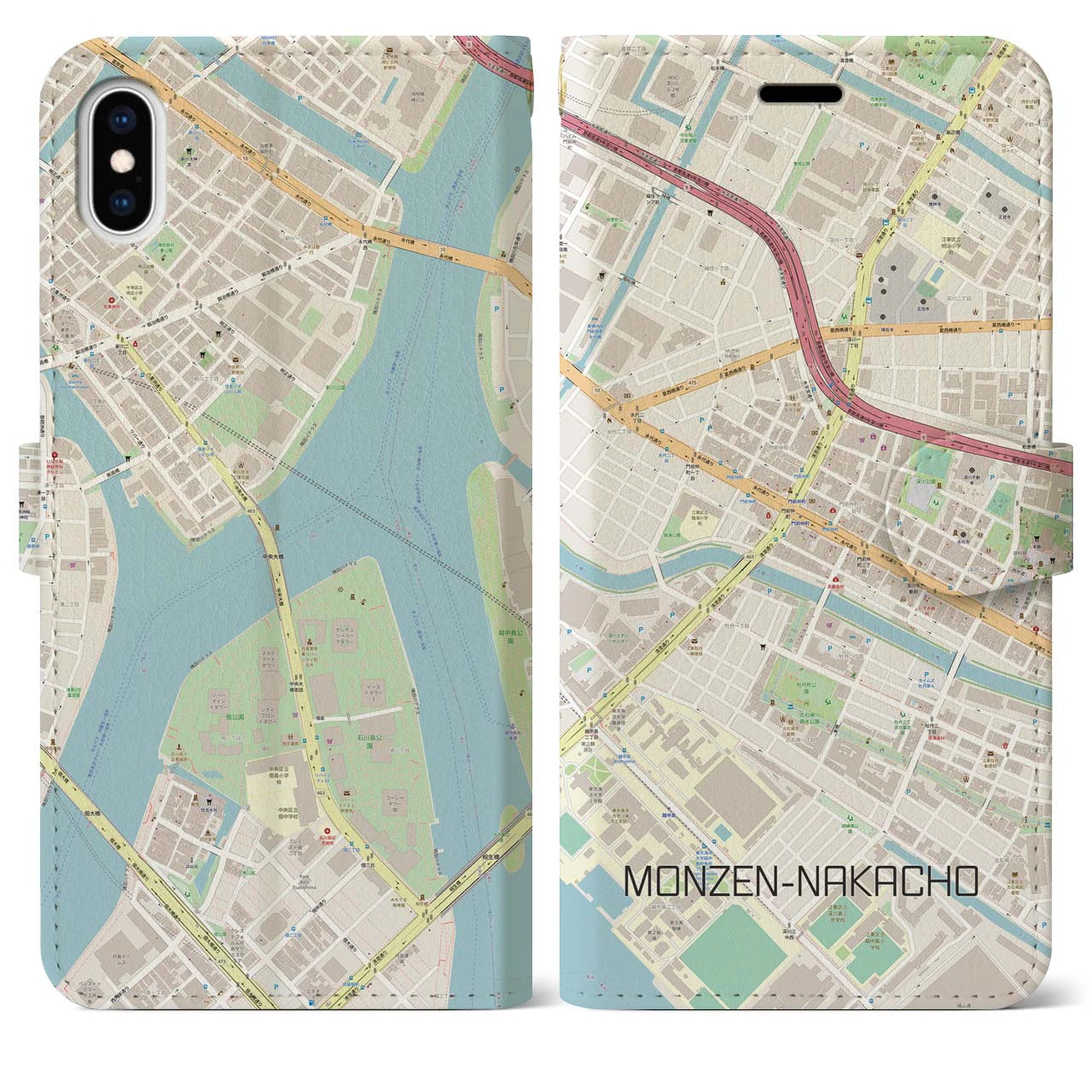 【門前仲町(東京都)】地図柄iPhoneケース(手帳タイプ)ナチュラル・iPhone XS Max 用