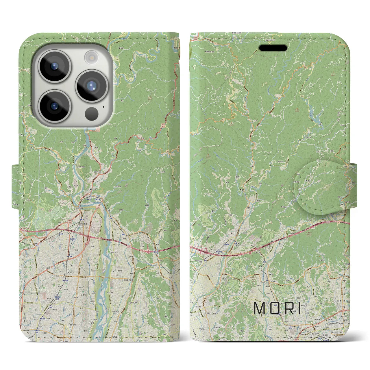 【森(静岡県)】地図柄iPhoneケース(手帳タイプ)ナチュラル・iPhone 15 Pro 用