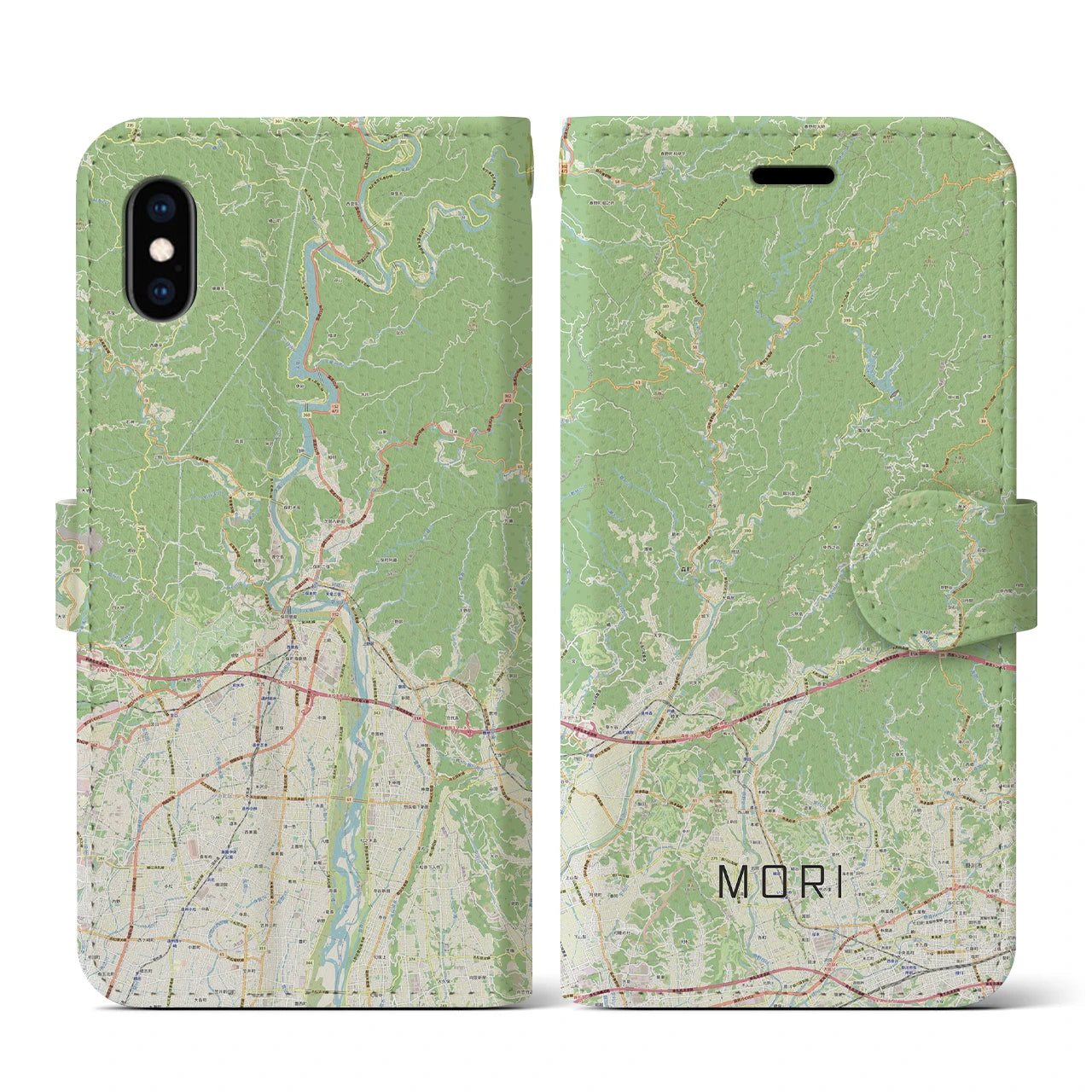 【森(静岡県)】地図柄iPhoneケース(手帳タイプ)ナチュラル・iPhone XS / X 用