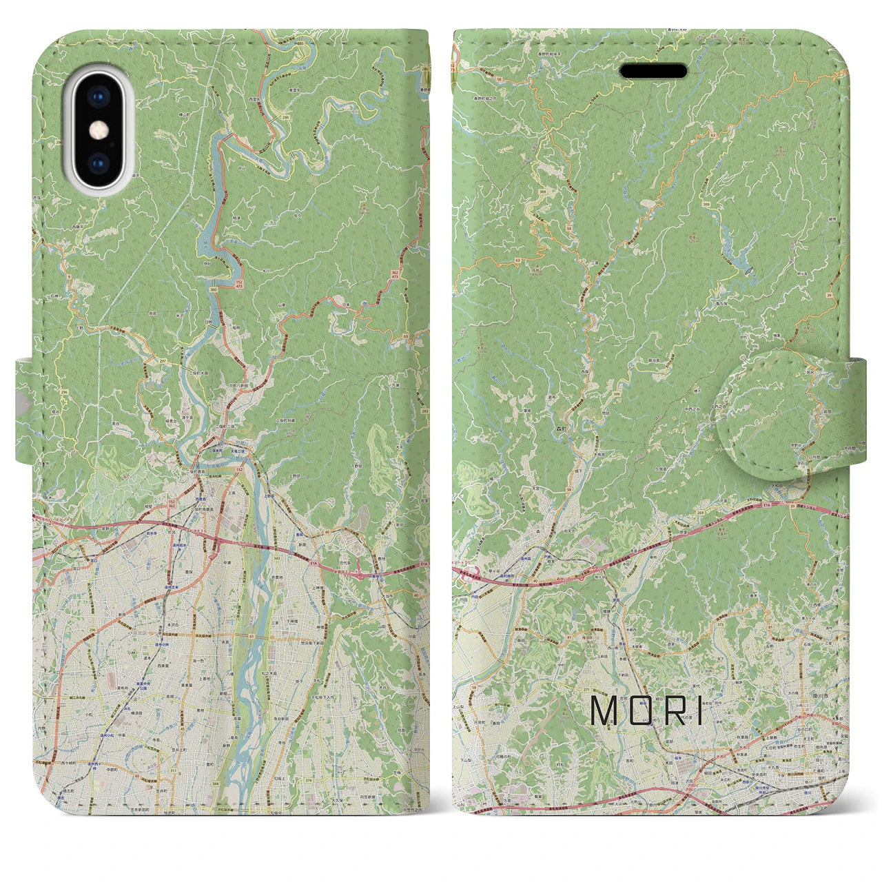 【森(静岡県)】地図柄iPhoneケース(手帳タイプ)ナチュラル・iPhone XS Max 用