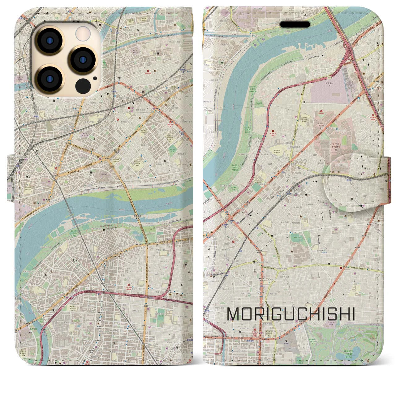 【守口市(大阪府)】地図柄iPhoneケース(手帳タイプ)ナチュラル・iPhone 12 Pro Max 用