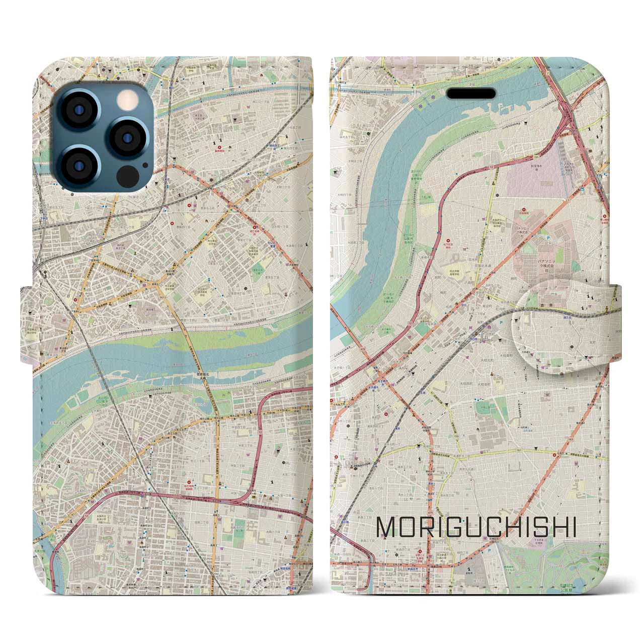 【守口市(大阪府)】地図柄iPhoneケース(手帳タイプ)ナチュラル・iPhone 12 / 12 Pro 用