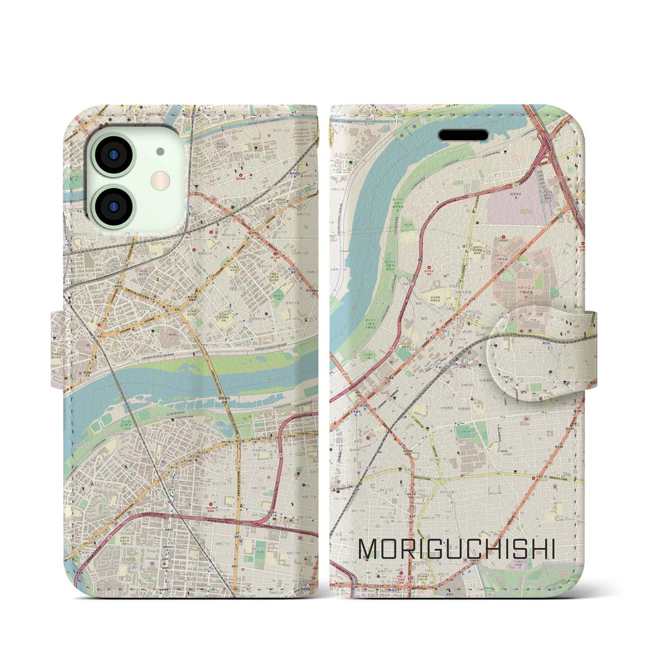 【守口市(大阪府)】地図柄iPhoneケース(手帳タイプ)ナチュラル・iPhone 12 mini 用