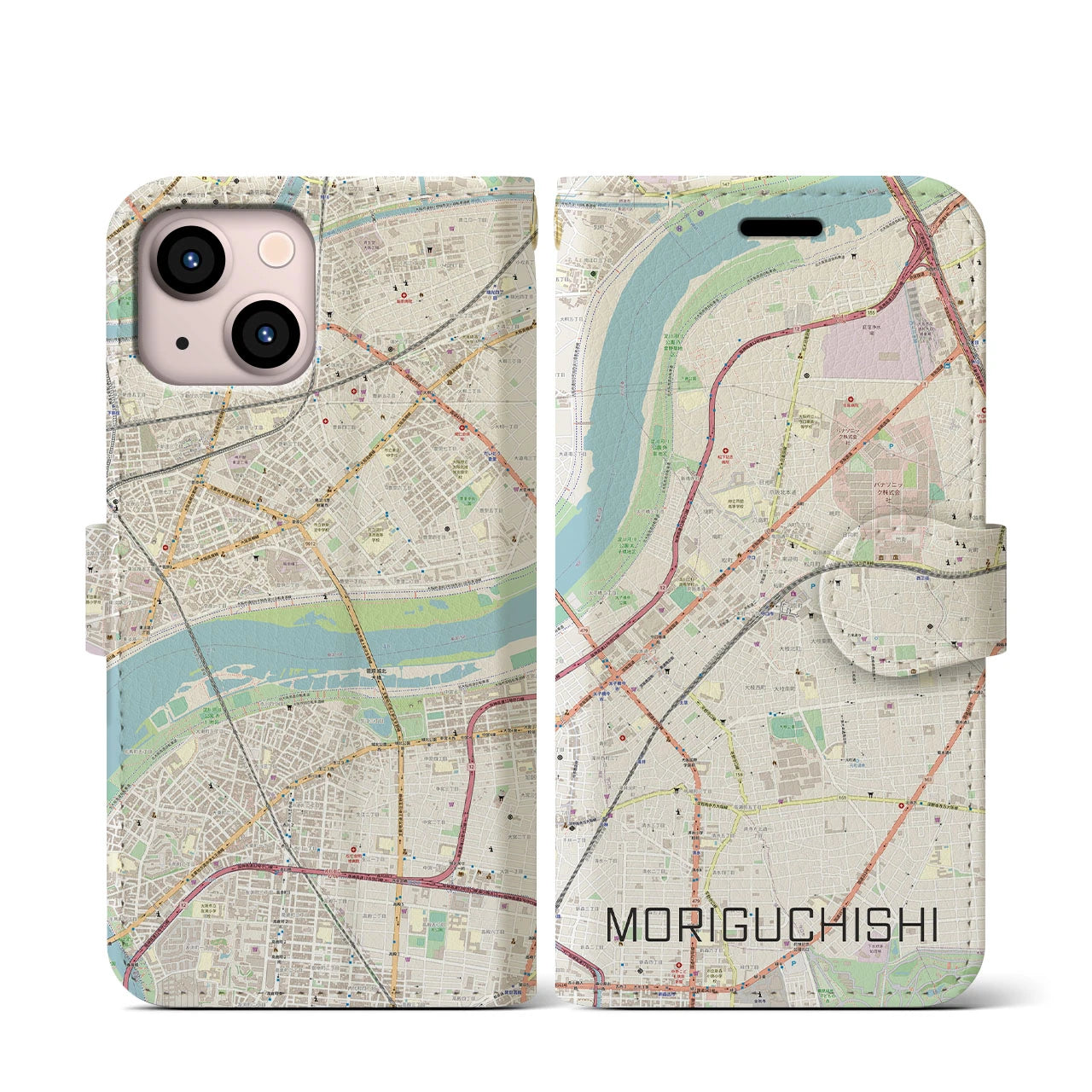 【守口市(大阪府)】地図柄iPhoneケース(手帳タイプ)ナチュラル・iPhone 13 mini 用