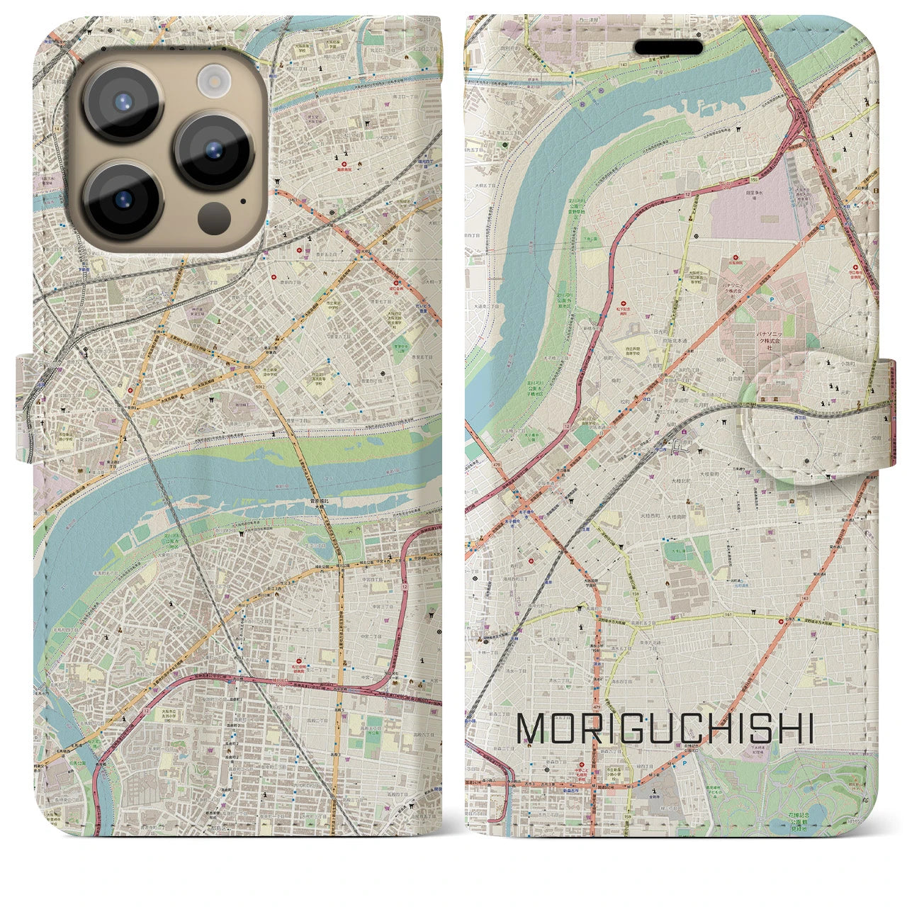 【守口市(大阪府)】地図柄iPhoneケース(手帳タイプ)ナチュラル・iPhone 14 Pro Max 用