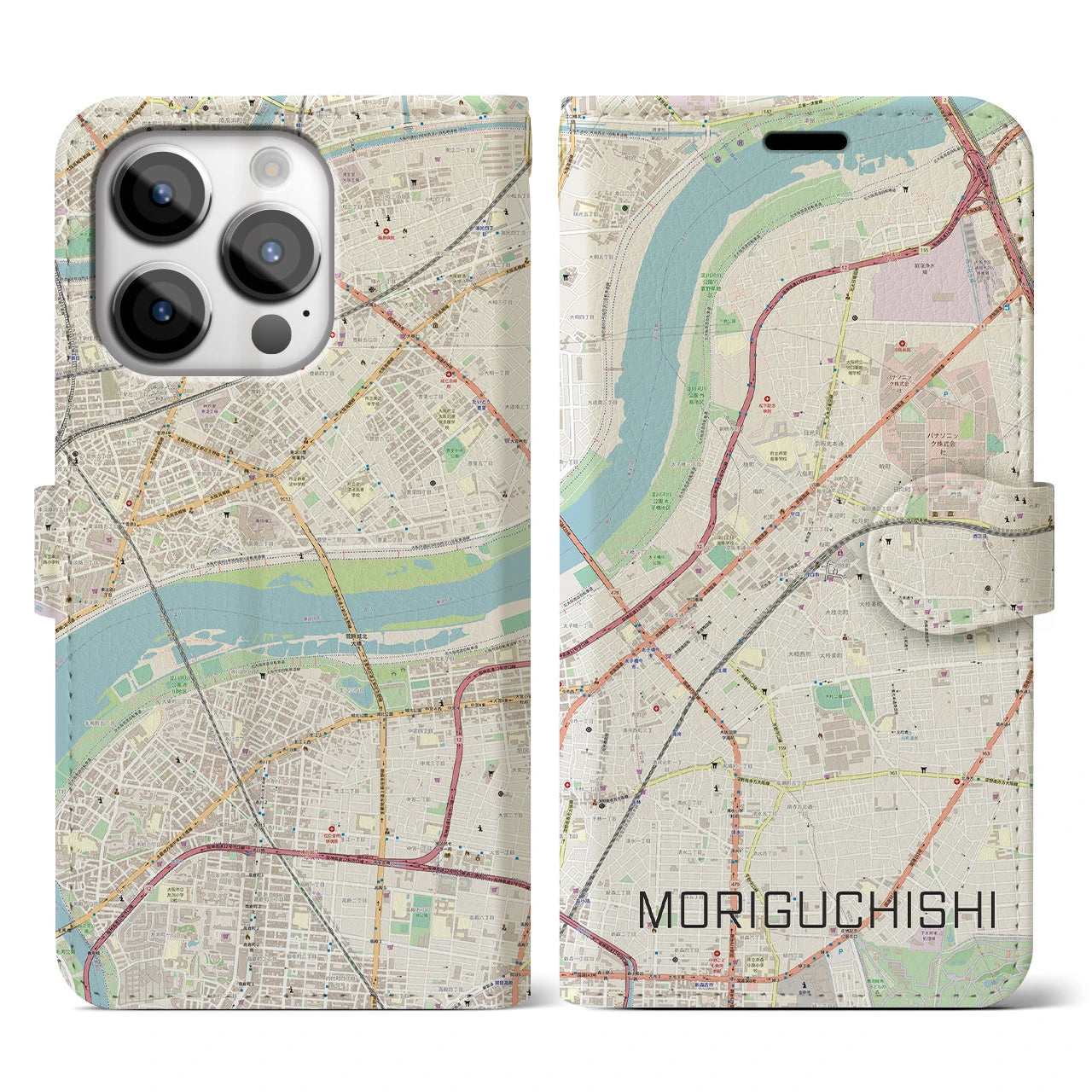 【守口市(大阪府)】地図柄iPhoneケース(手帳タイプ)ナチュラル・iPhone 14 Pro 用