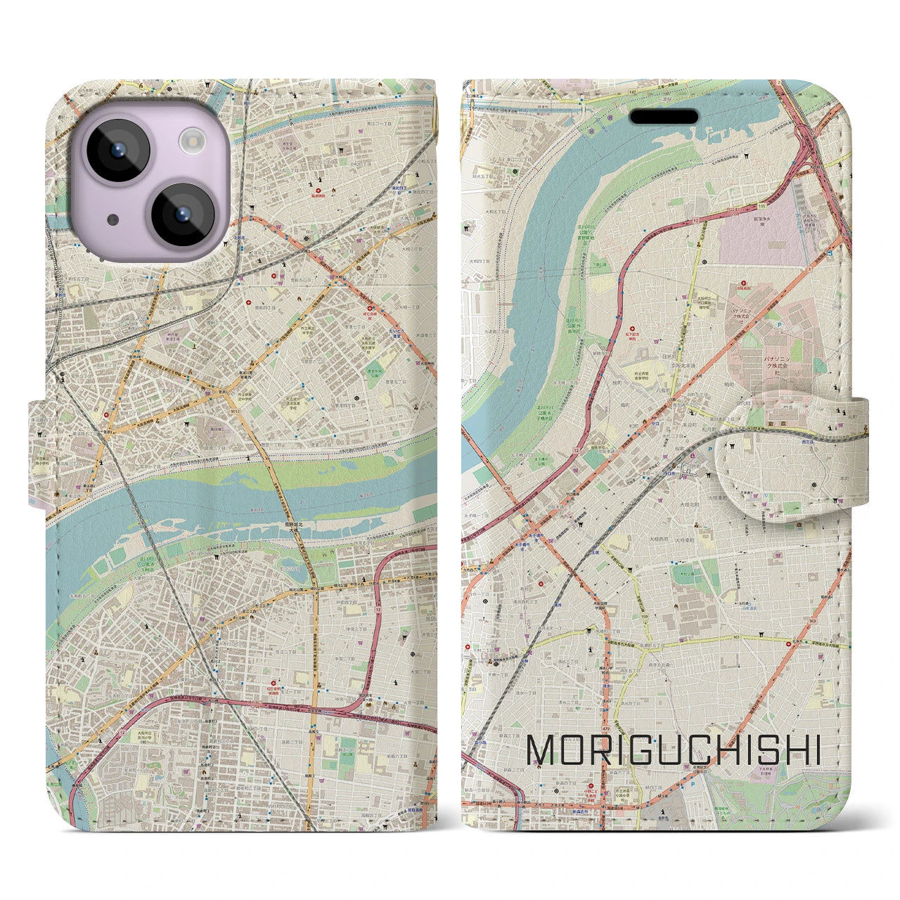 【守口市(大阪府)】地図柄iPhoneケース(手帳タイプ)ナチュラル・iPhone 14 用