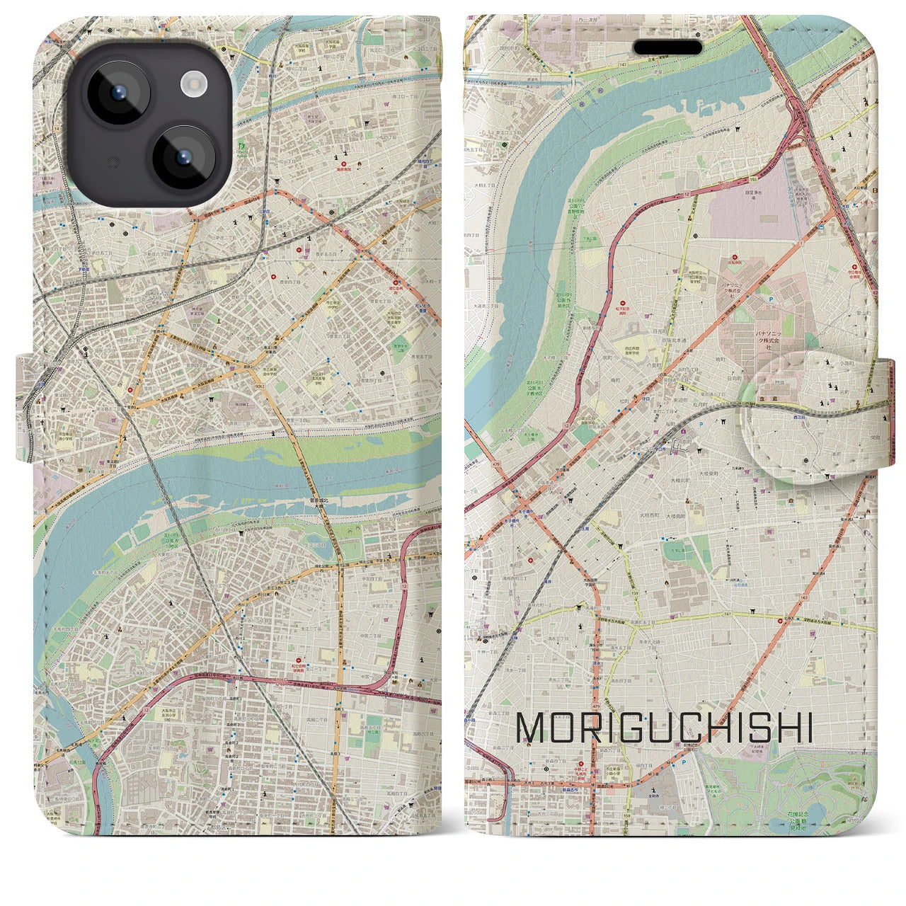 【守口市(大阪府)】地図柄iPhoneケース(手帳タイプ)ナチュラル・iPhone 14 Plus 用