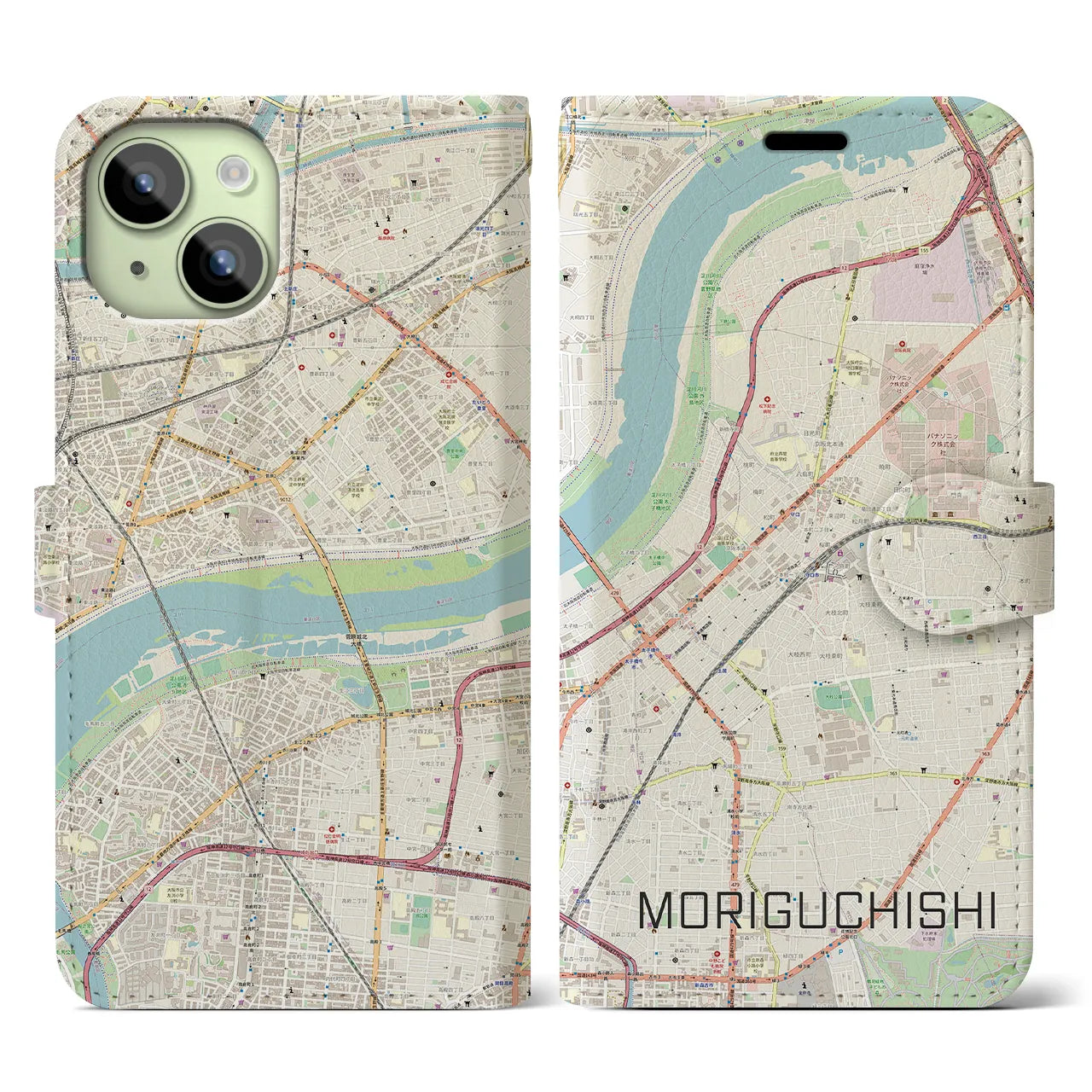 【守口市(大阪府)】地図柄iPhoneケース(手帳タイプ)ナチュラル・iPhone 15 用