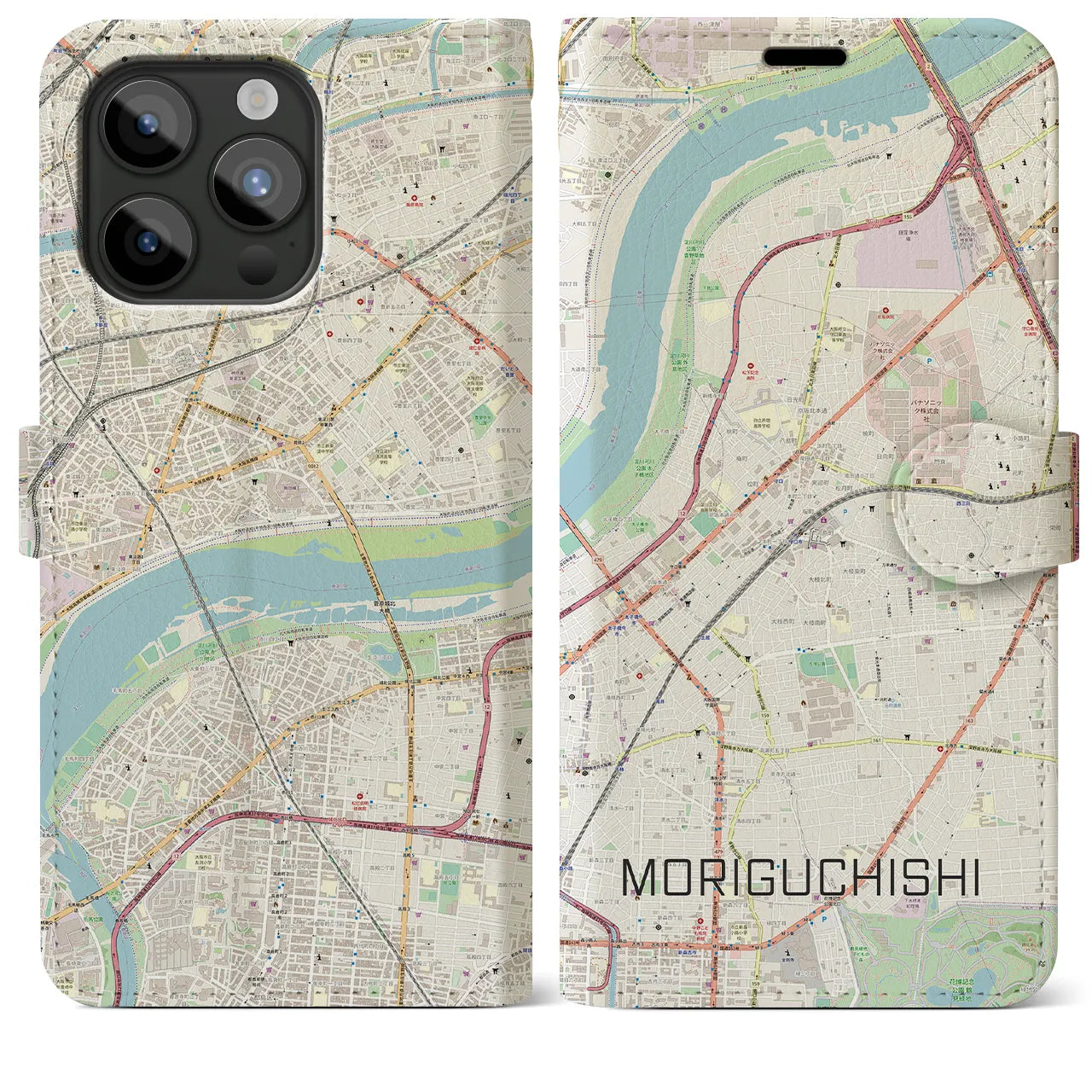 【守口市(大阪府)】地図柄iPhoneケース(手帳タイプ)ナチュラル・iPhone 15 Pro Max 用