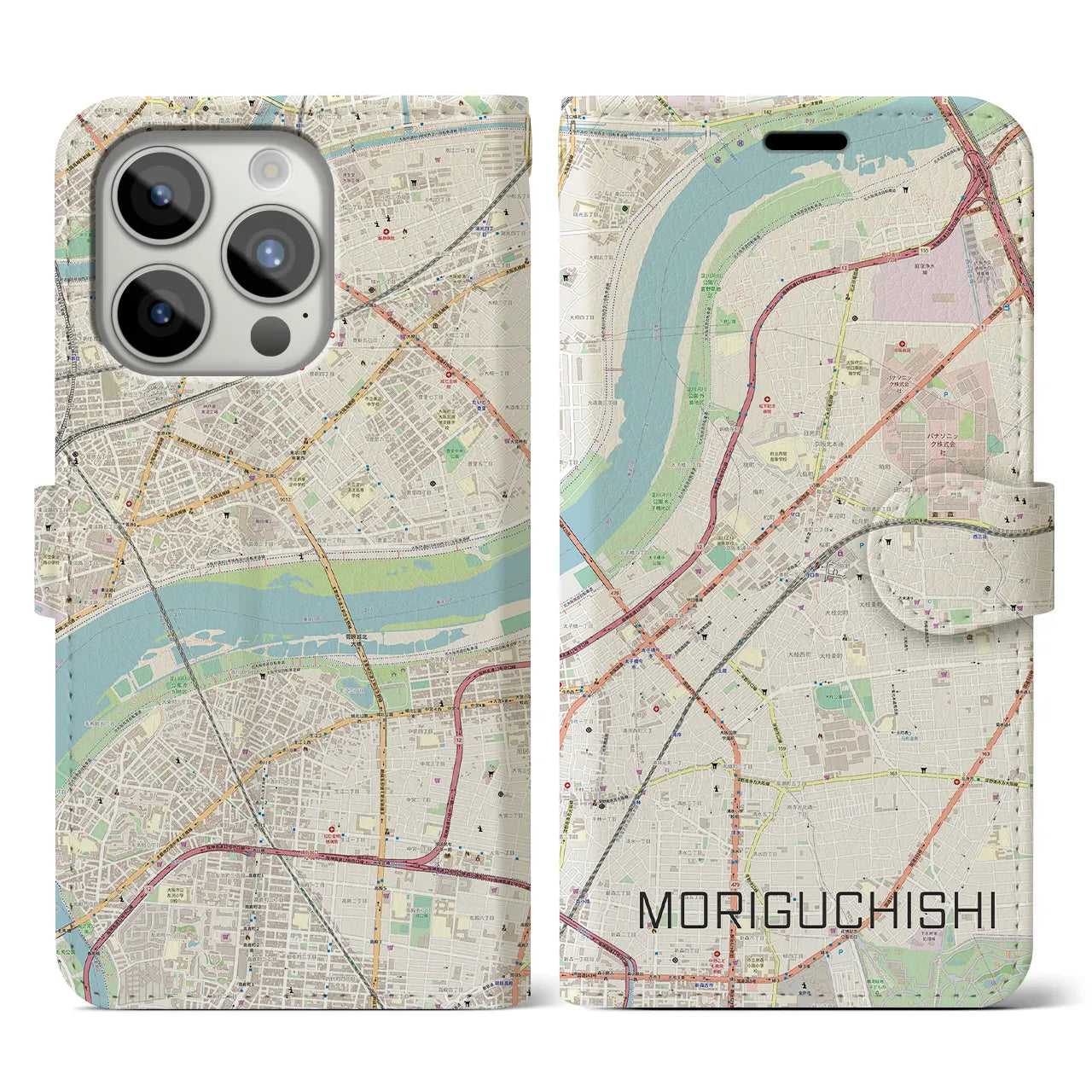 【守口市(大阪府)】地図柄iPhoneケース(手帳タイプ)ナチュラル・iPhone 15 Pro 用