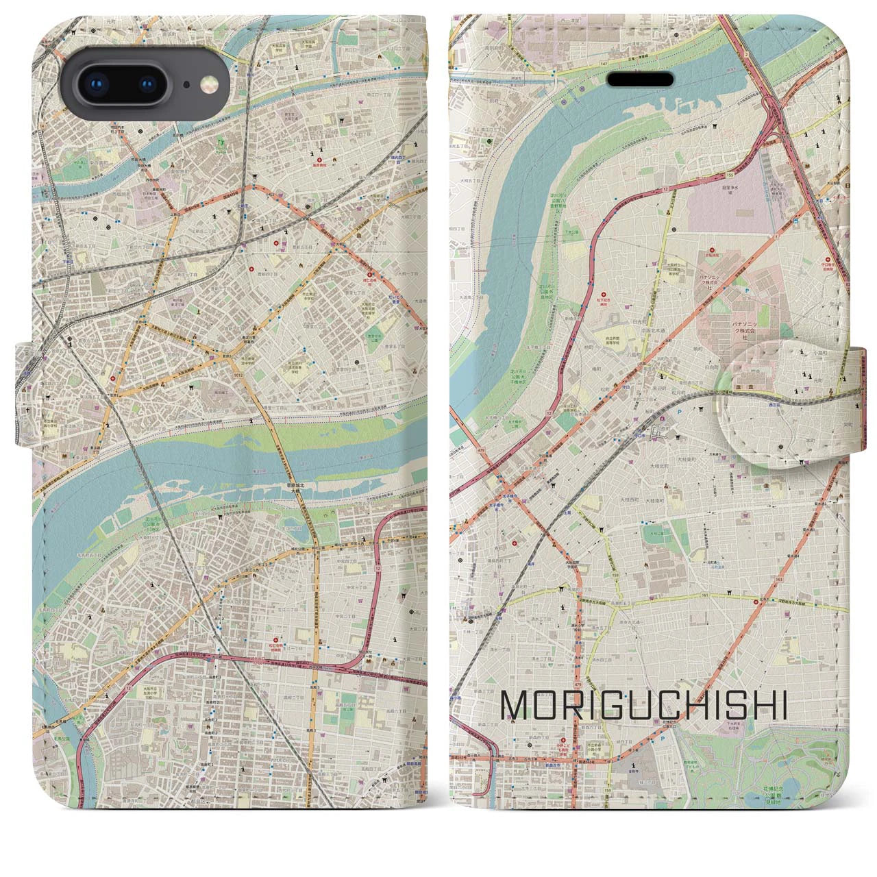 【守口市(大阪府)】地図柄iPhoneケース(手帳タイプ)ナチュラル・iPhone 8Plus /7Plus / 6sPlus / 6Plus 用