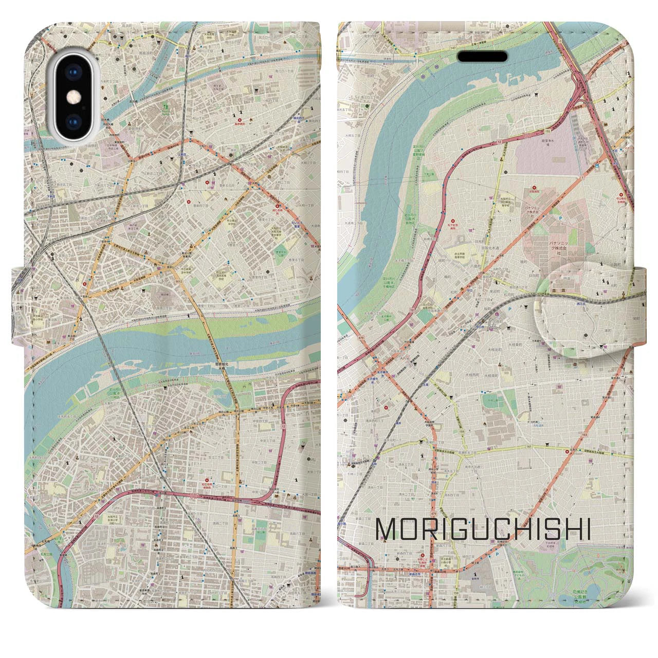 【守口市(大阪府)】地図柄iPhoneケース(手帳タイプ)ナチュラル・iPhone XS Max 用