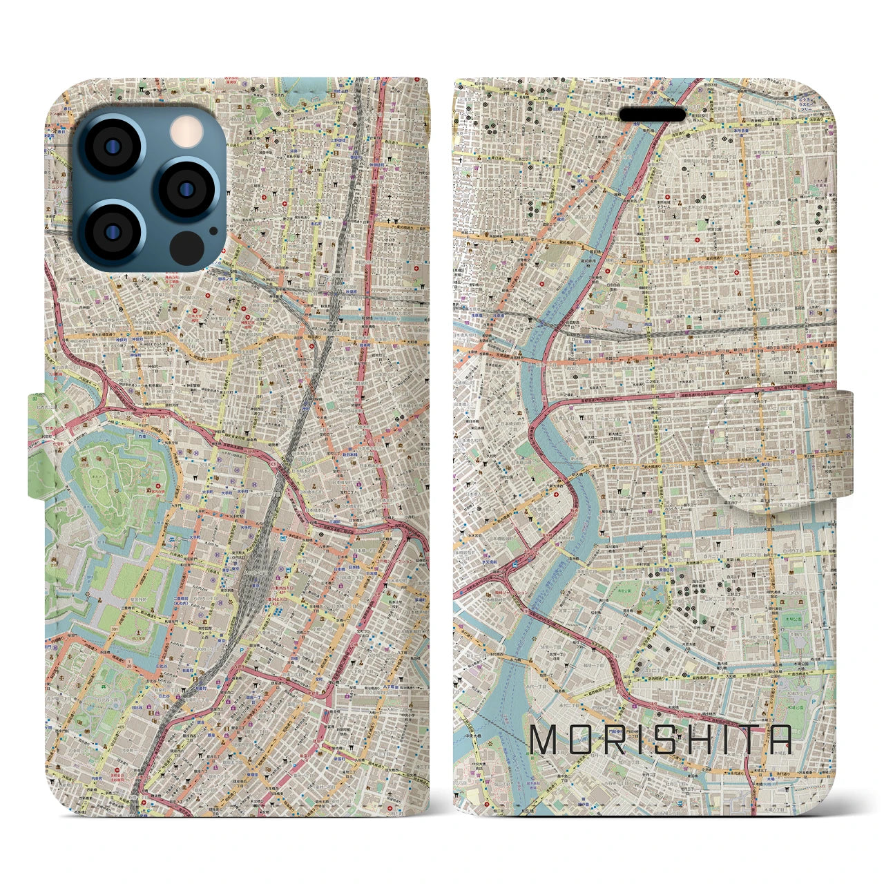 【森下(東京都)】地図柄iPhoneケース(手帳タイプ)ナチュラル・iPhone 12 / 12 Pro 用