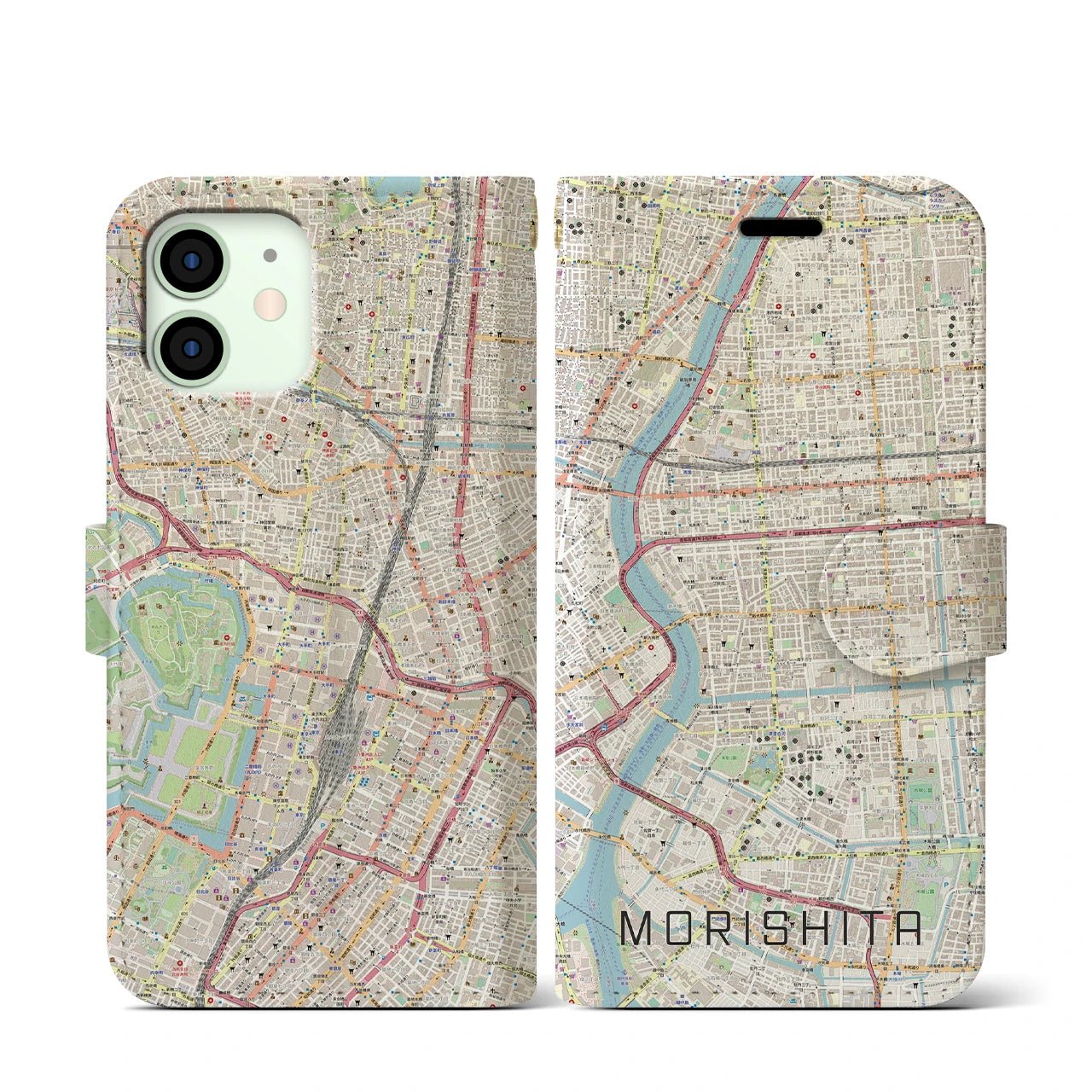 【森下(東京都)】地図柄iPhoneケース(手帳タイプ)ナチュラル・iPhone 12 mini 用