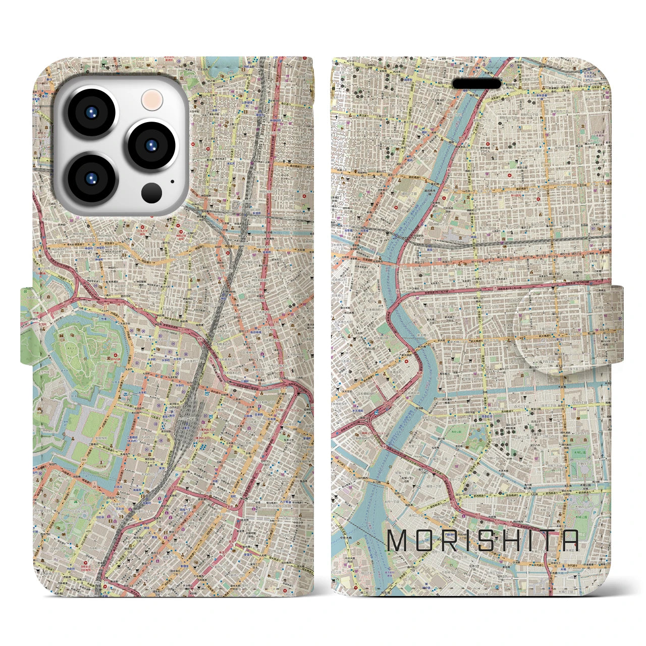 【森下(東京都)】地図柄iPhoneケース(手帳タイプ)ナチュラル・iPhone 13 Pro 用