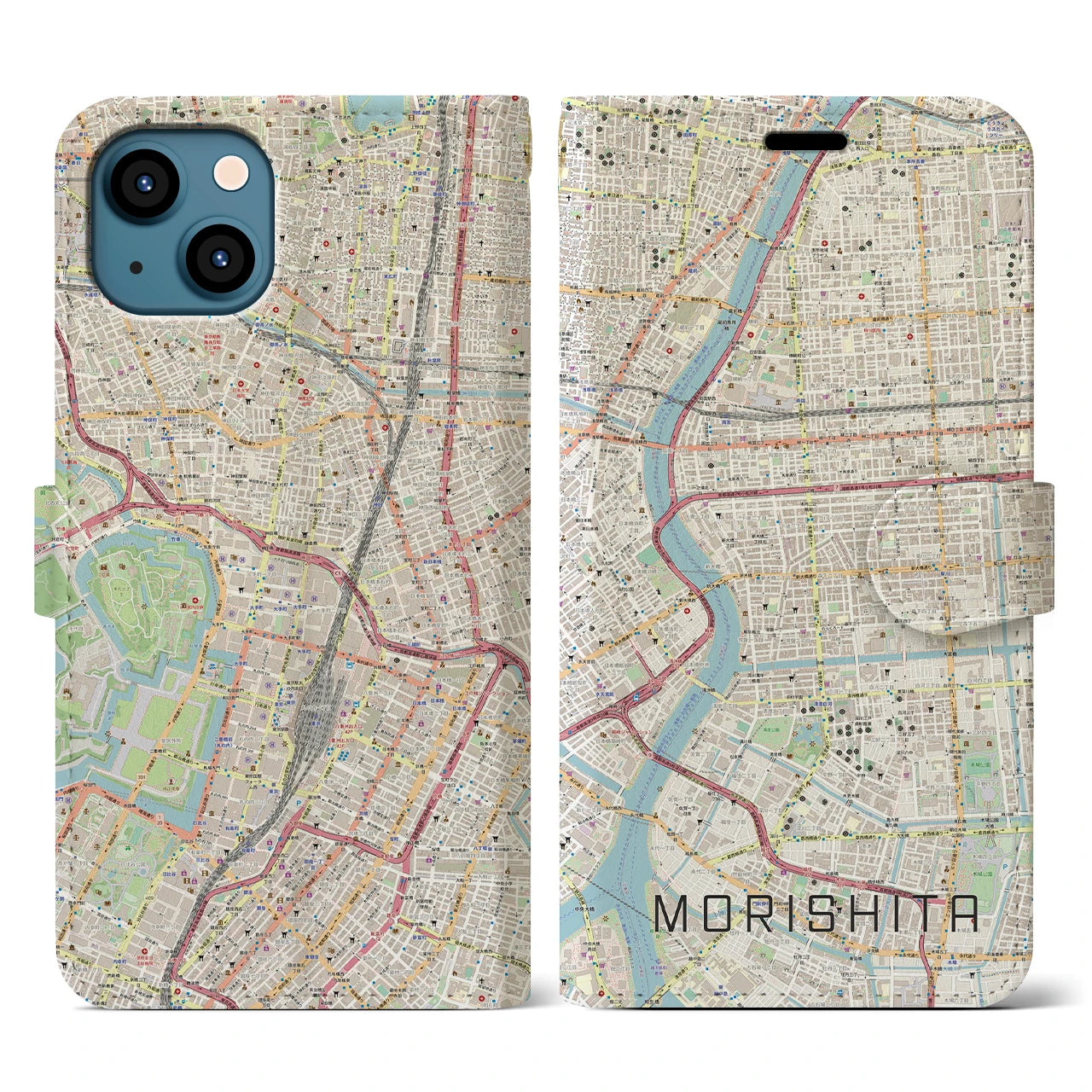 【森下(東京都)】地図柄iPhoneケース(手帳タイプ)ナチュラル・iPhone 13 用