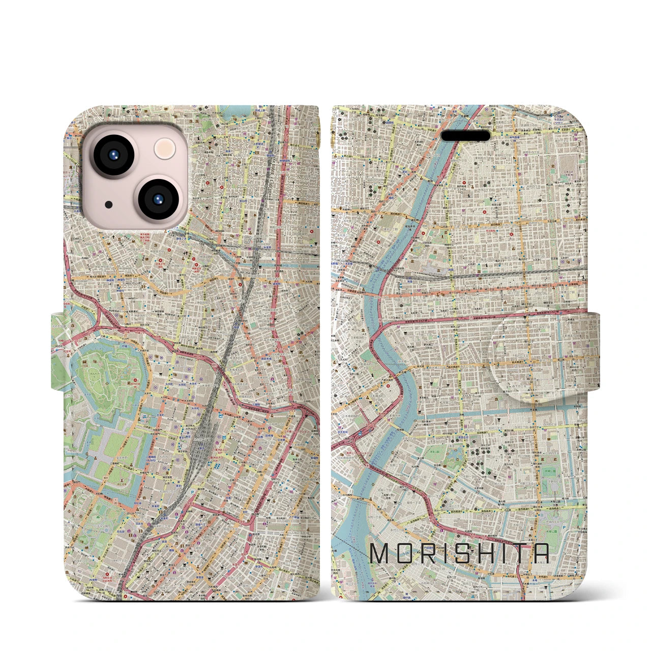 【森下(東京都)】地図柄iPhoneケース(手帳タイプ)ナチュラル・iPhone 13 mini 用