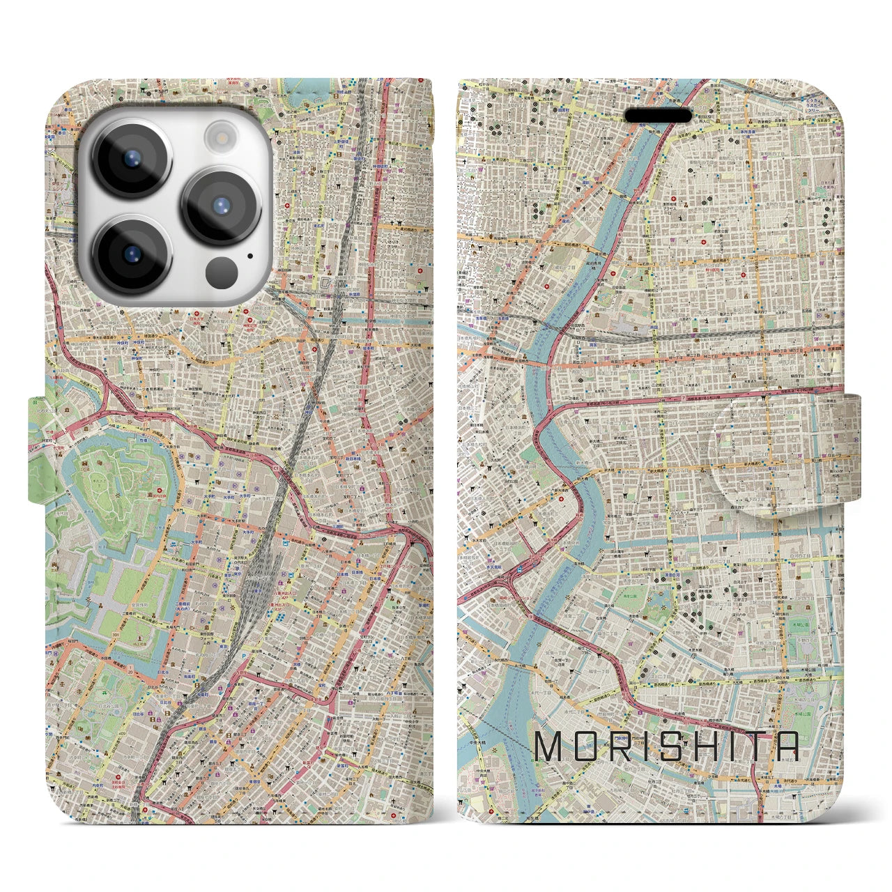【森下(東京都)】地図柄iPhoneケース(手帳タイプ)ナチュラル・iPhone 14 Pro 用