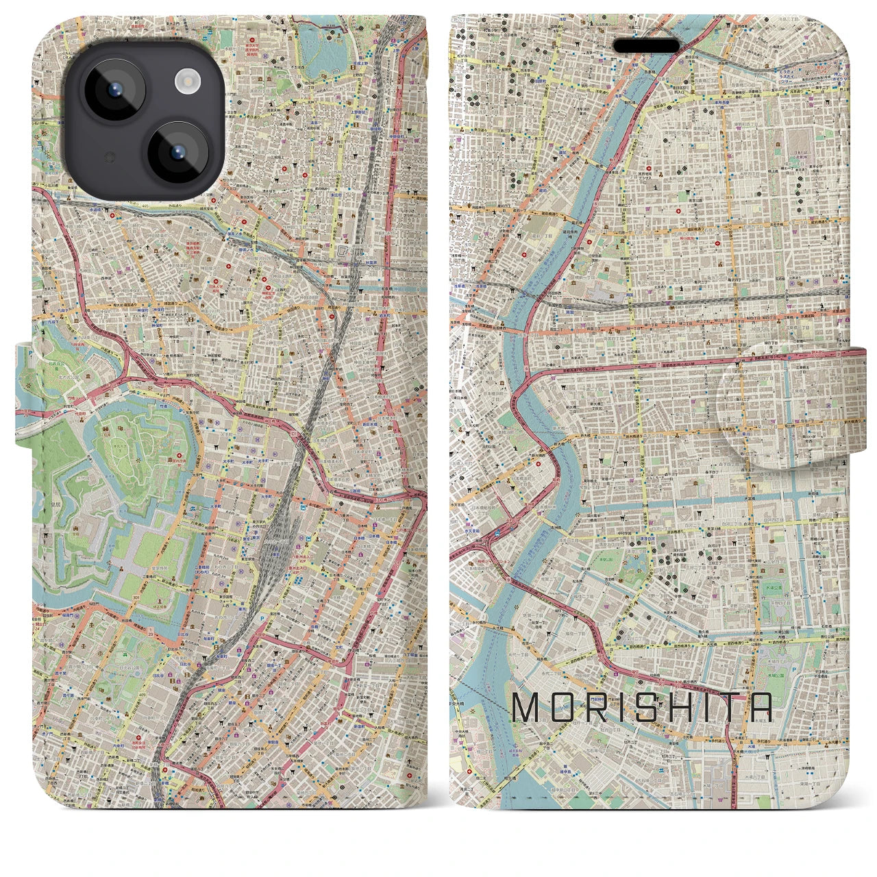 【森下(東京都)】地図柄iPhoneケース(手帳タイプ)ナチュラル・iPhone 14 Plus 用