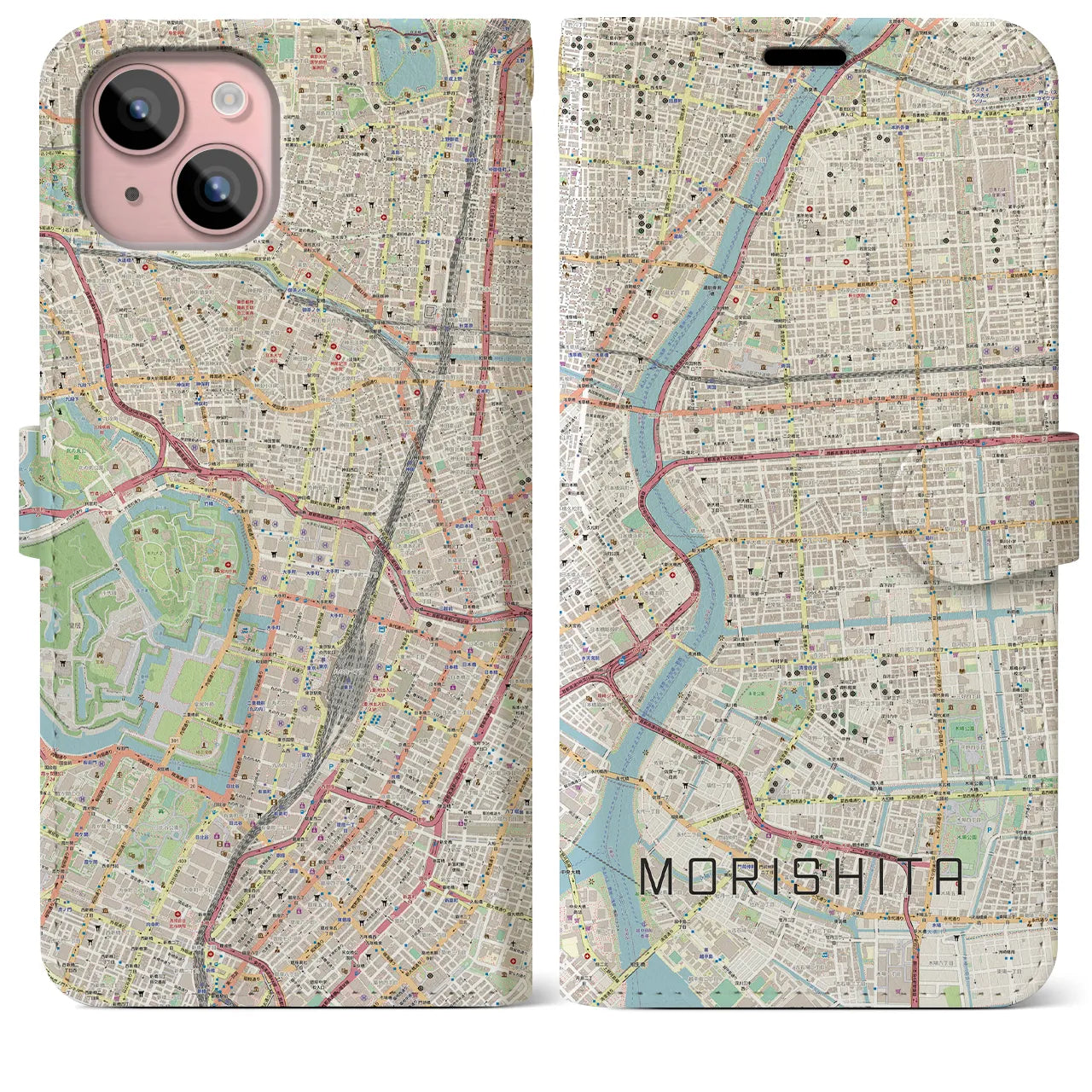【森下(東京都)】地図柄iPhoneケース(手帳タイプ)ナチュラル・iPhone 15 Plus 用