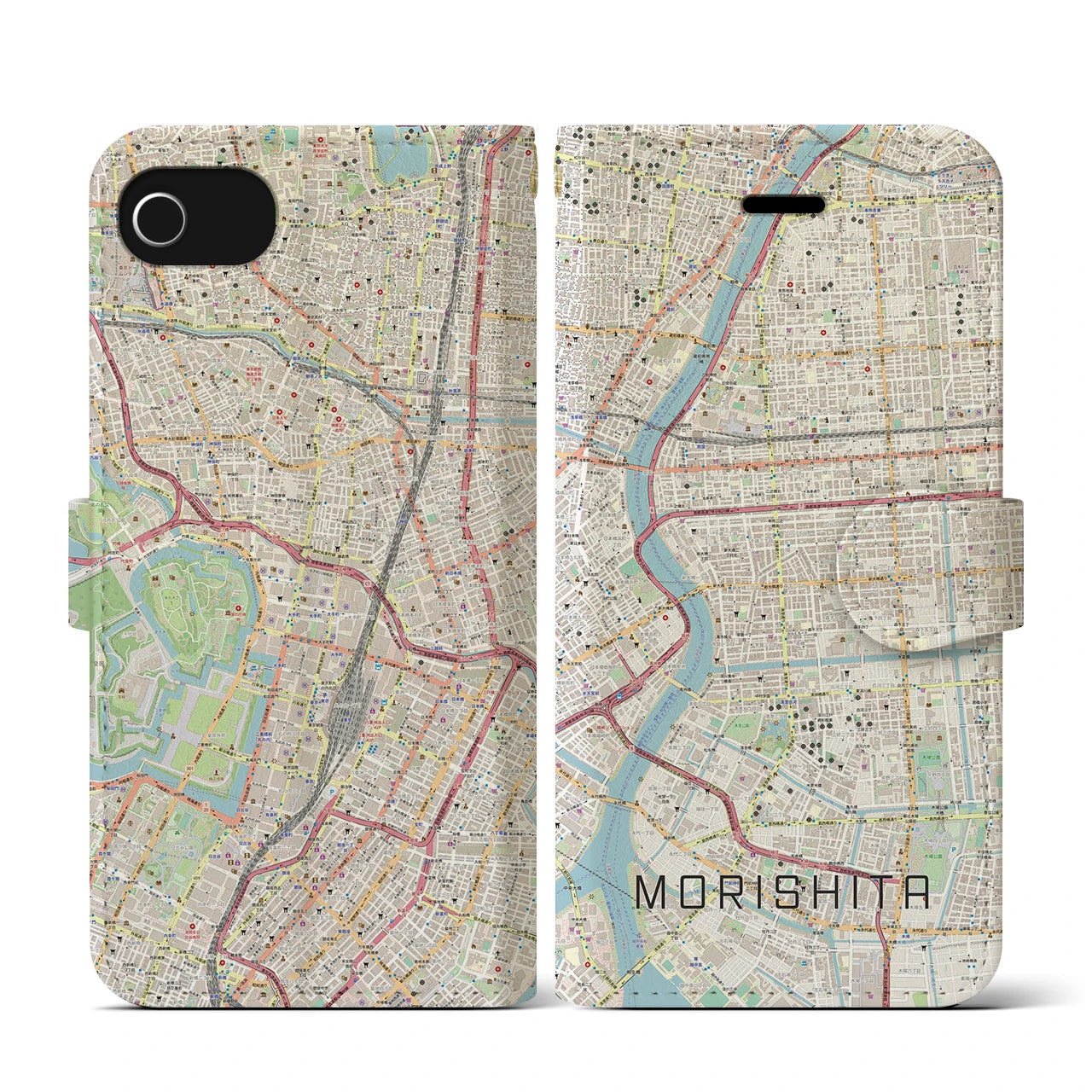 【森下(東京都)】地図柄iPhoneケース(手帳タイプ)ナチュラル・iPhone SE(第3 / 第2世代) / 8 / 7 / 6s / 6 用