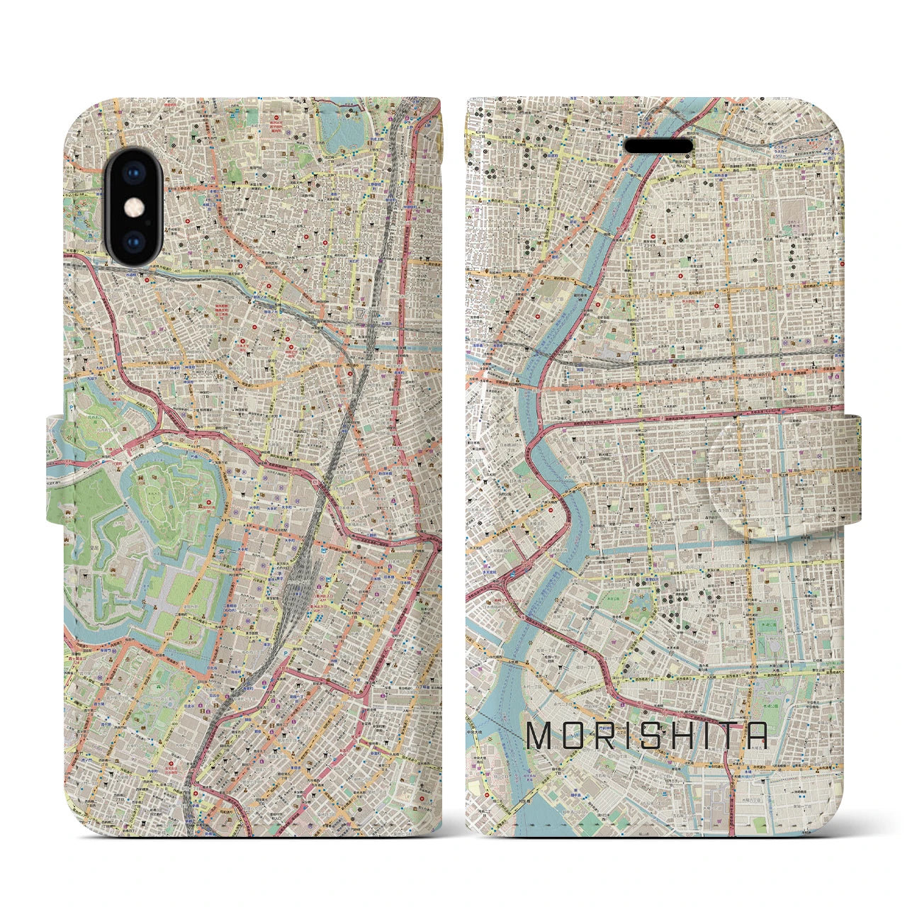 【森下(東京都)】地図柄iPhoneケース(手帳タイプ)ナチュラル・iPhone XS / X 用