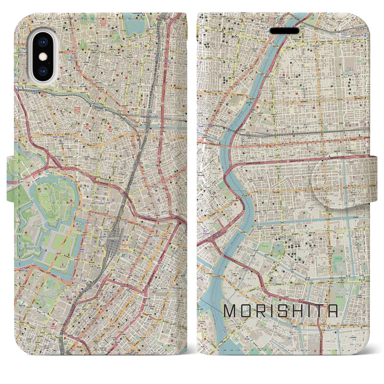 【森下(東京都)】地図柄iPhoneケース(手帳タイプ)ナチュラル・iPhone XS Max 用