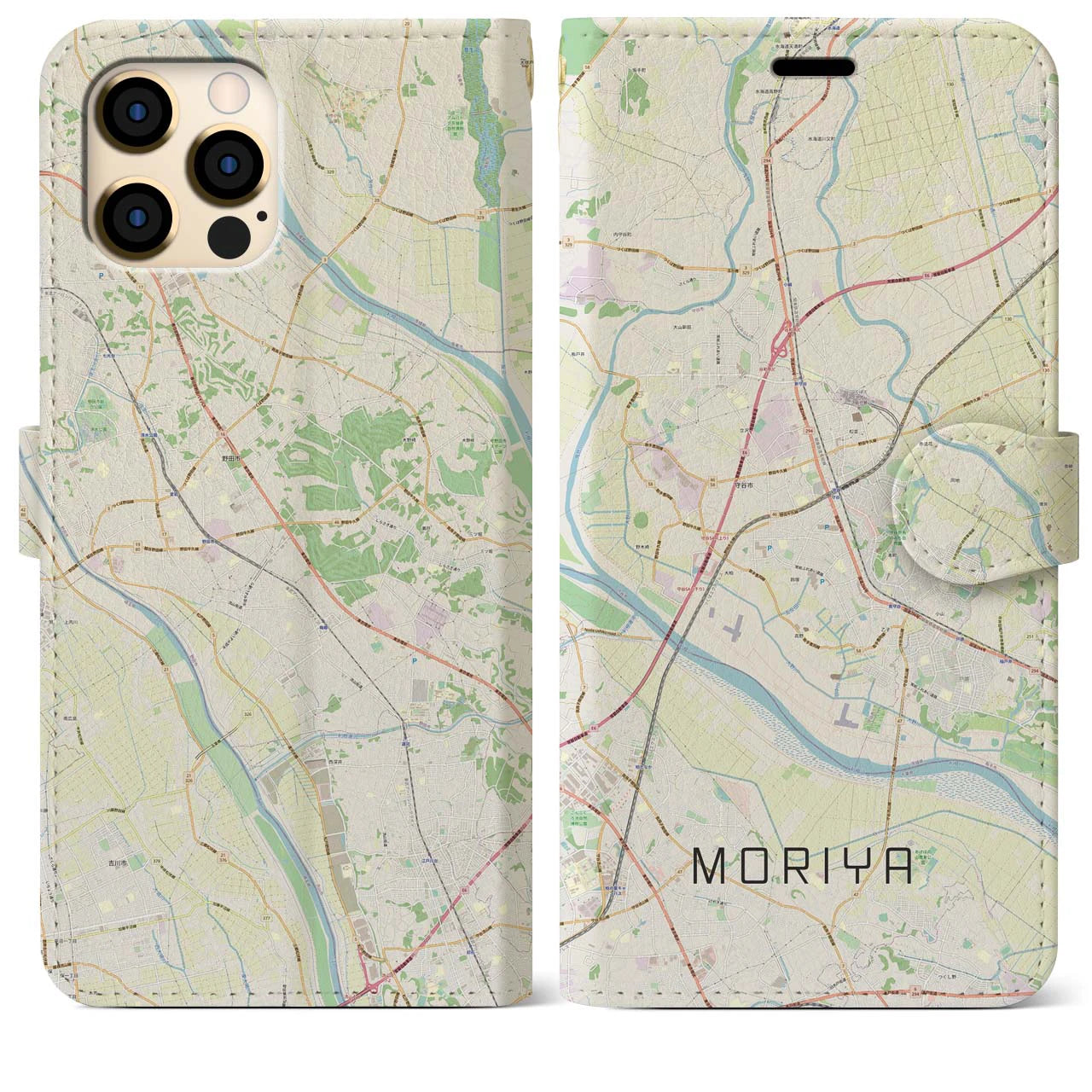 【守谷(茨城県)】地図柄iPhoneケース(手帳タイプ)ナチュラル・iPhone 12 Pro Max 用