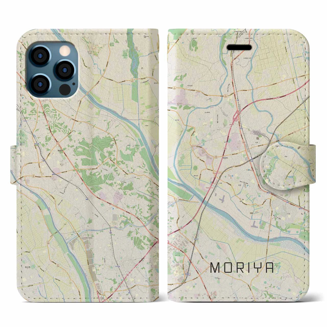 【守谷(茨城県)】地図柄iPhoneケース(手帳タイプ)ナチュラル・iPhone 12 / 12 Pro 用