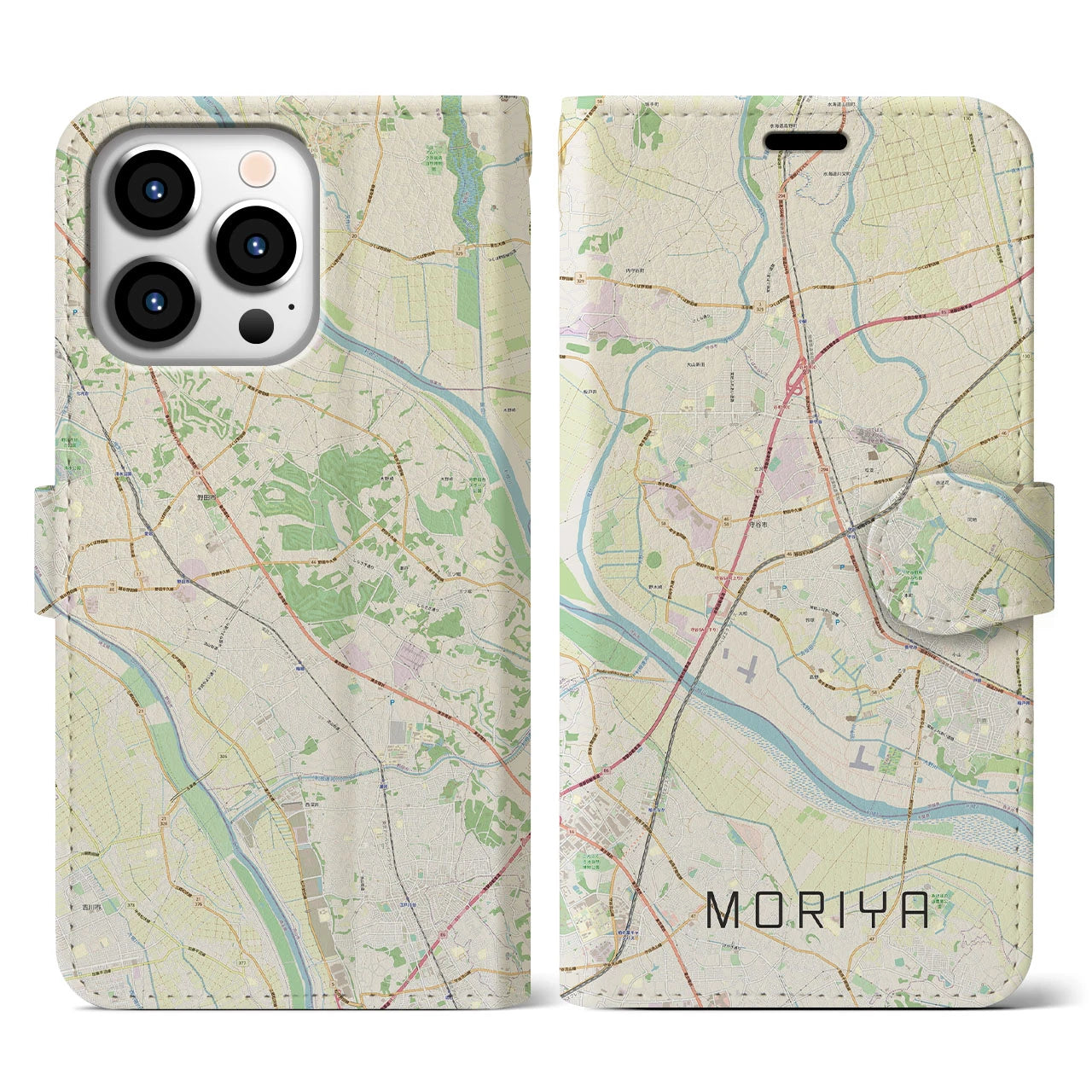 【守谷(茨城県)】地図柄iPhoneケース(手帳タイプ)ナチュラル・iPhone 13 Pro 用