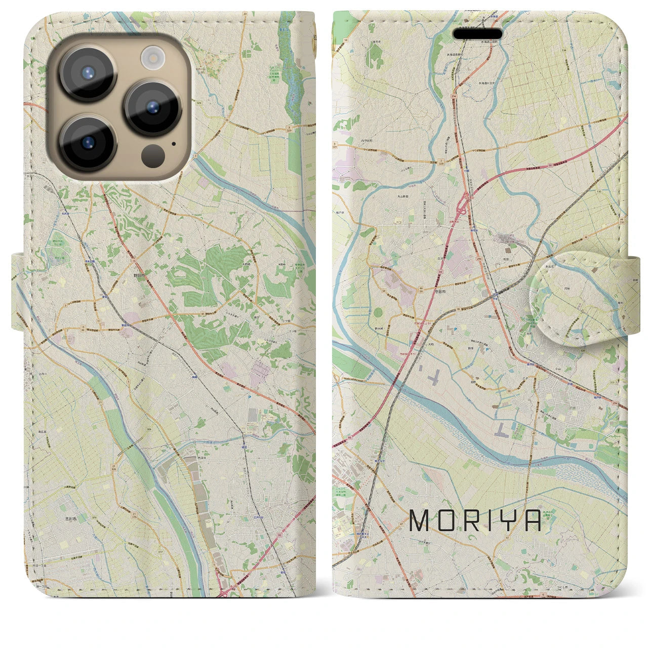 【守谷(茨城県)】地図柄iPhoneケース(手帳タイプ)ナチュラル・iPhone 14 Pro Max 用