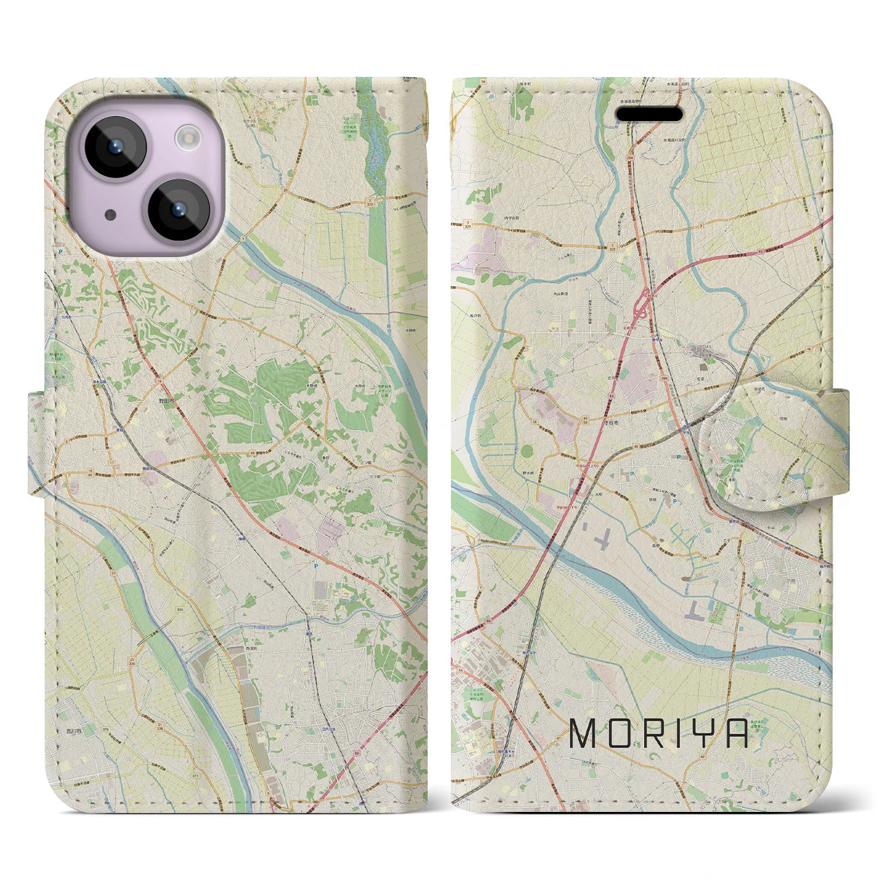 【守谷(茨城県)】地図柄iPhoneケース(手帳タイプ)ナチュラル・iPhone 14 用