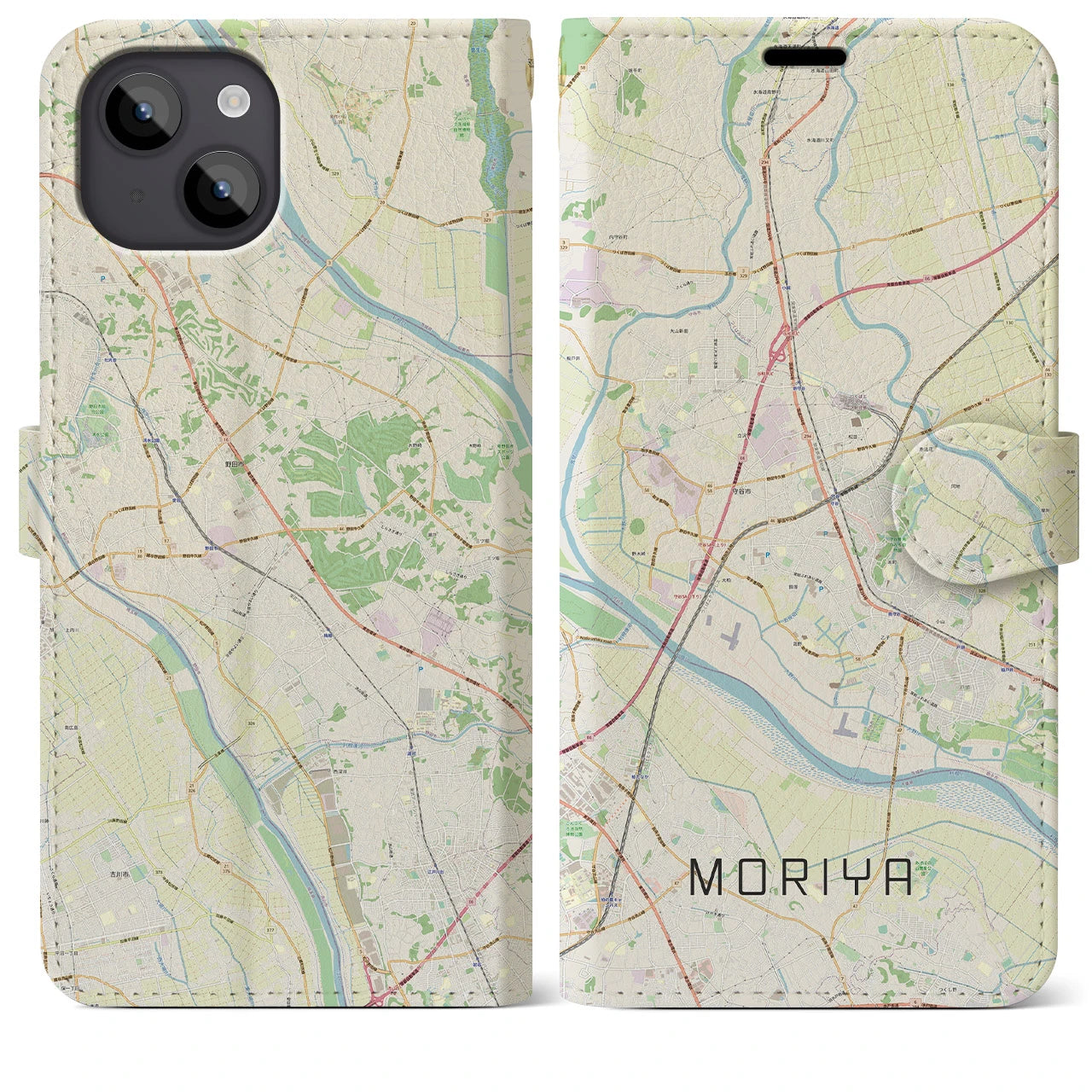 【守谷(茨城県)】地図柄iPhoneケース(手帳タイプ)ナチュラル・iPhone 14 Plus 用