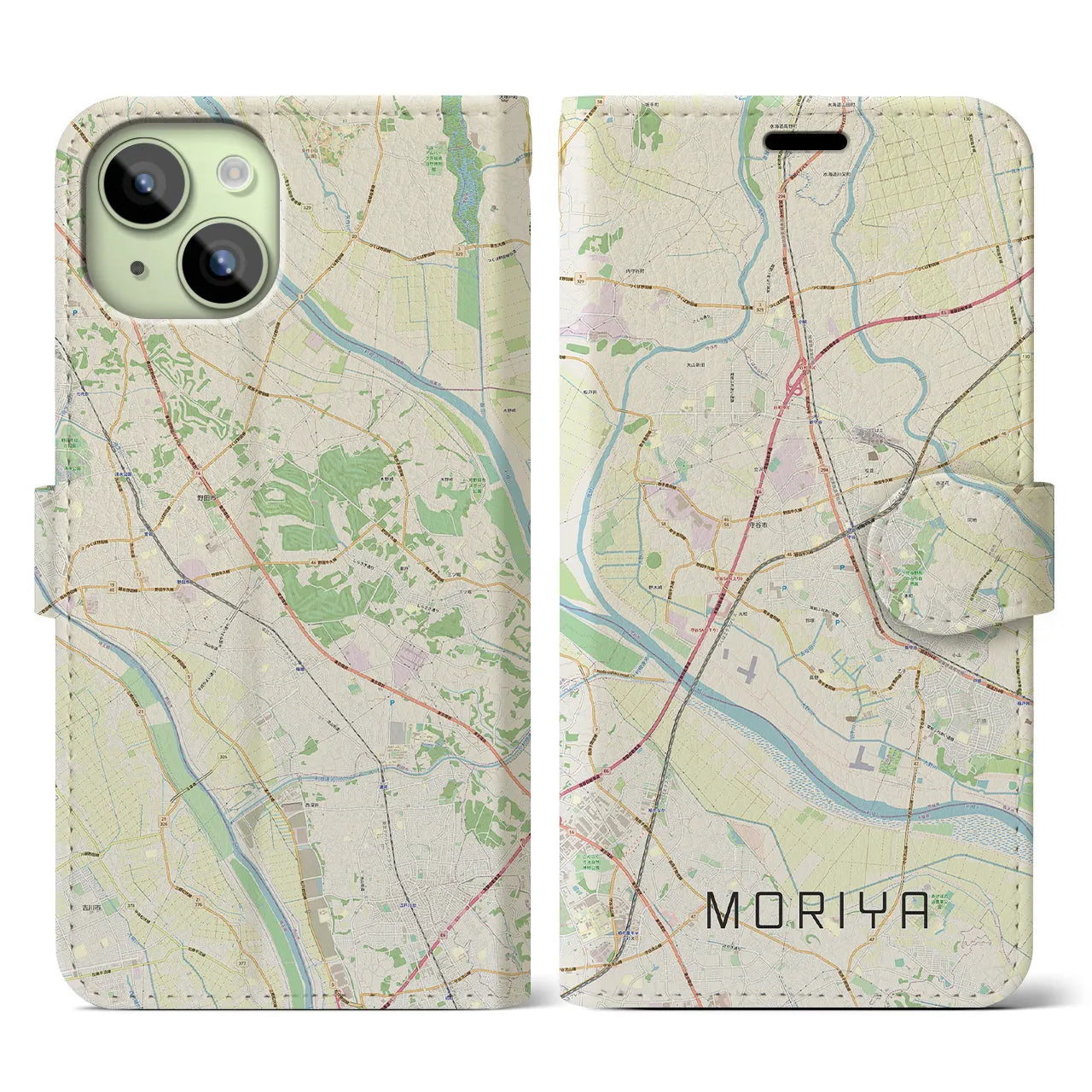 【守谷(茨城県)】地図柄iPhoneケース(手帳タイプ)ナチュラル・iPhone 15 用