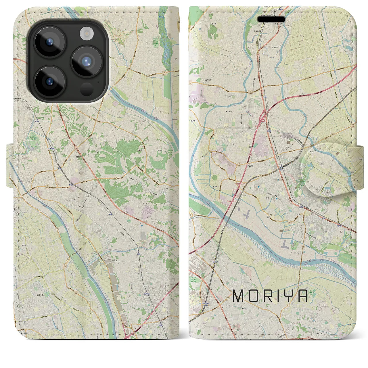 【守谷(茨城県)】地図柄iPhoneケース(手帳タイプ)ナチュラル・iPhone 15 Pro Max 用