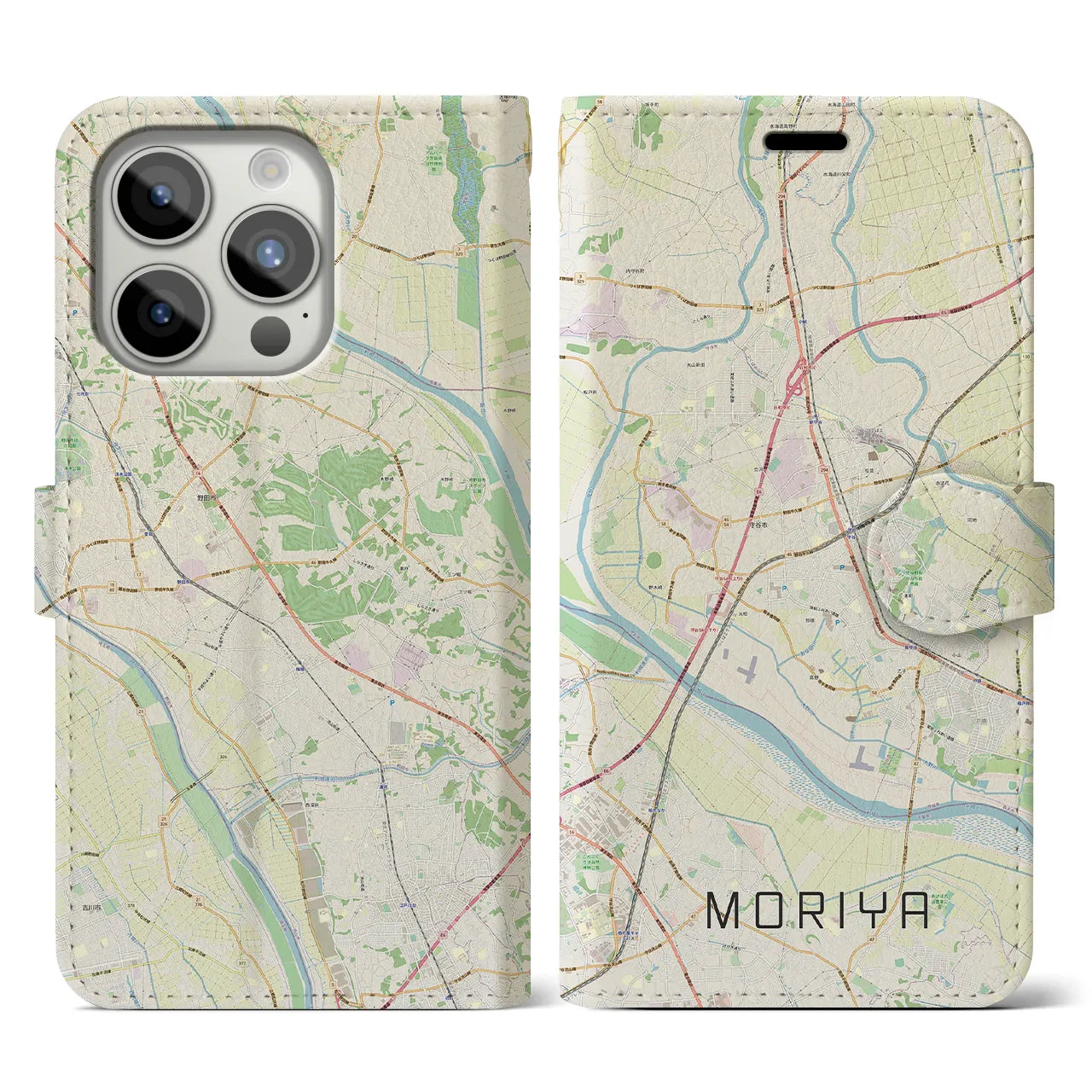 【守谷(茨城県)】地図柄iPhoneケース(手帳タイプ)ナチュラル・iPhone 15 Pro 用